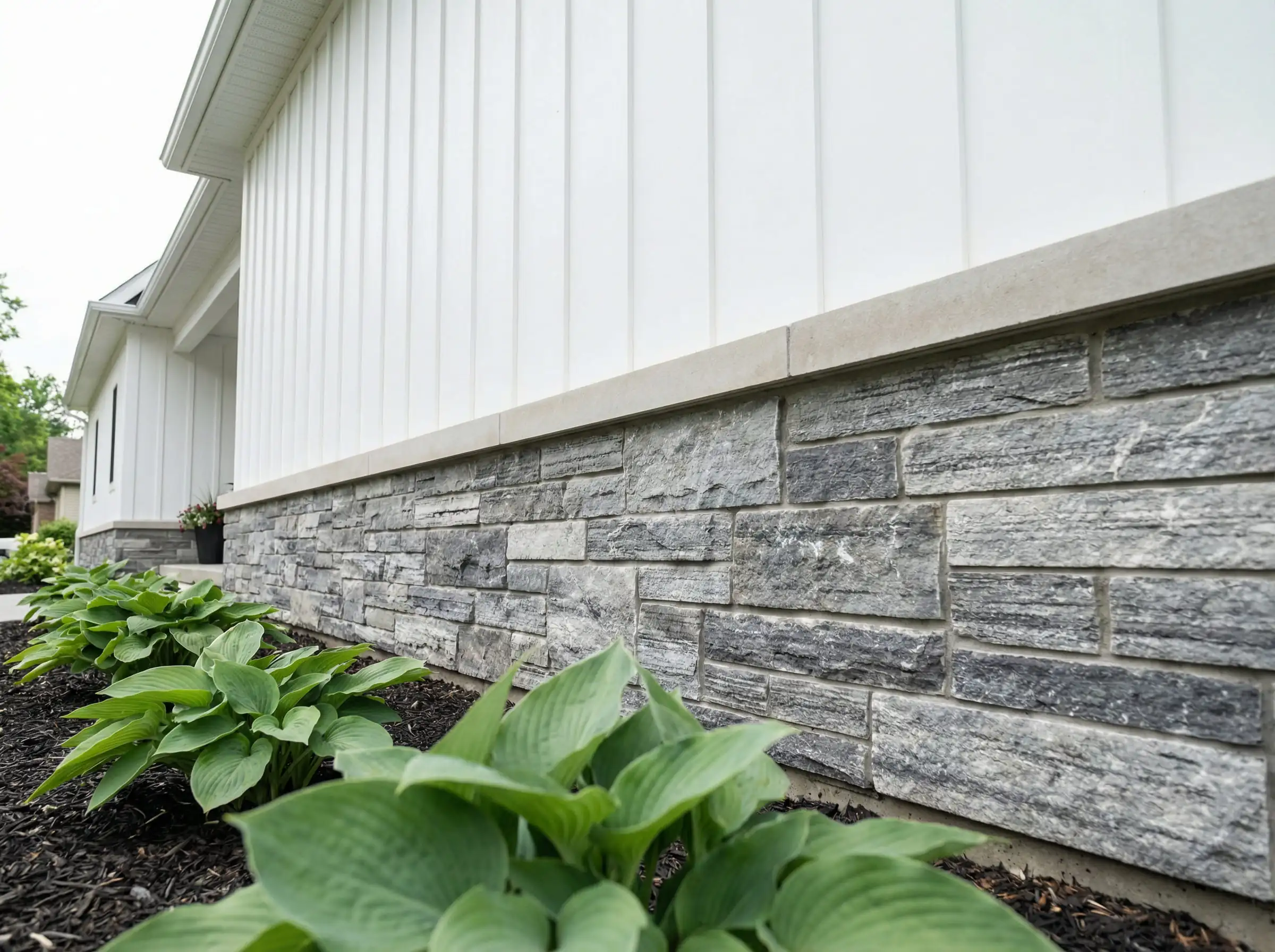 Exterior facade showing a dry-stack stone veneer skirt on the bottom third of the wall topped with smooth white vertical siding.