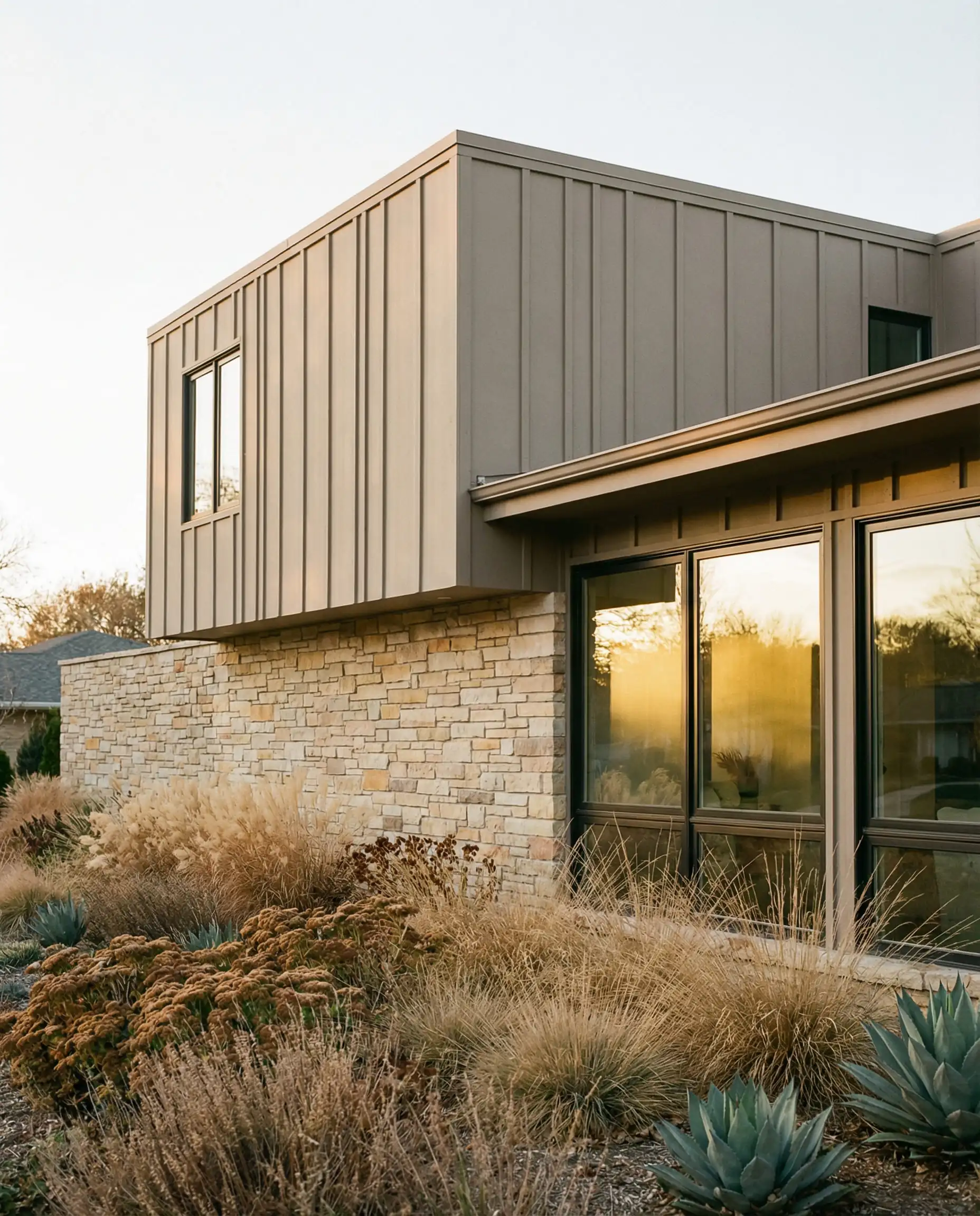 Mid-century modern exterior renovation featuring mushroom taupe vertical siding paired with a linear beige stone accent wall and ornamental grasses.