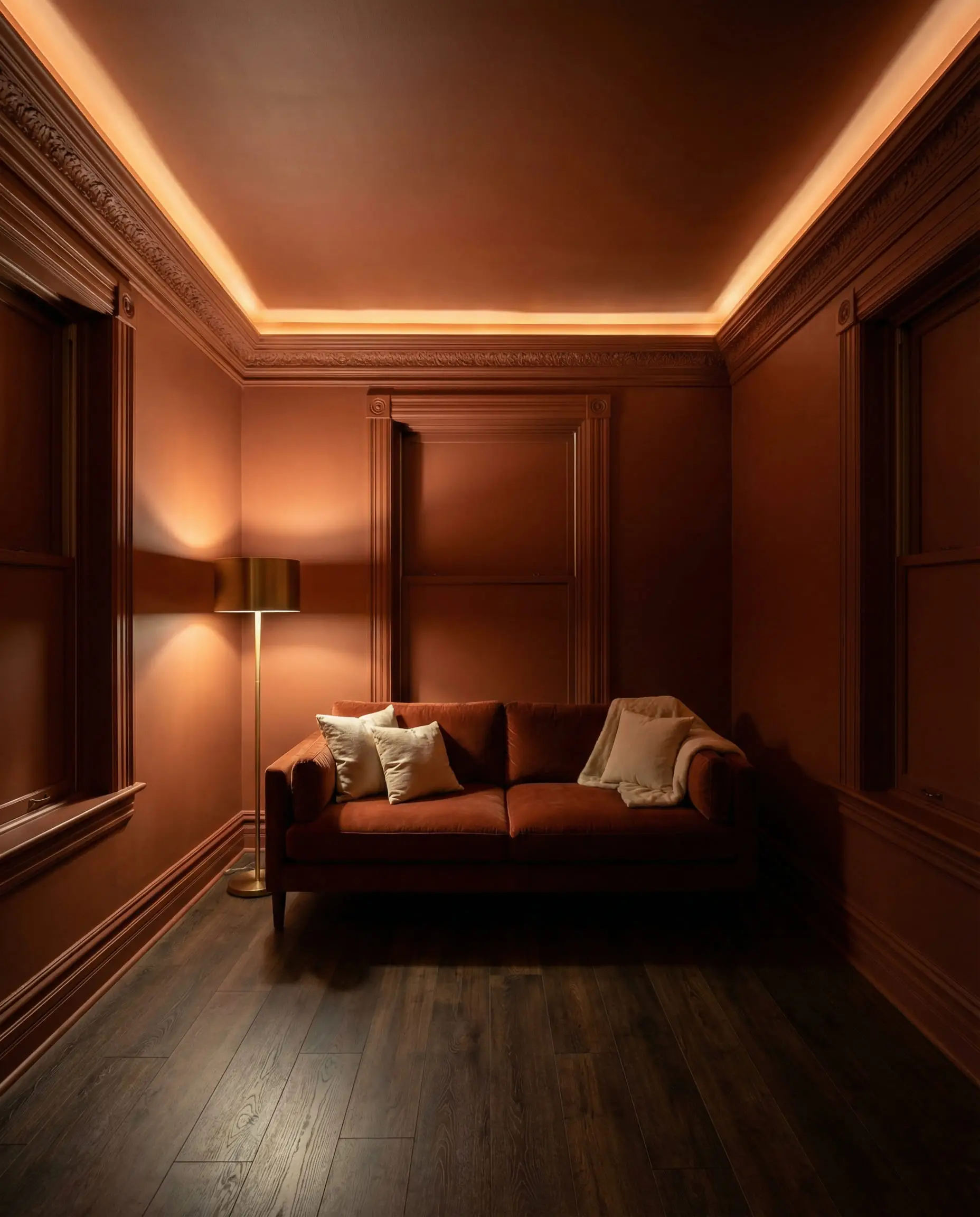 Living room with walls, ceiling, and trim painted in matching warm terracotta.