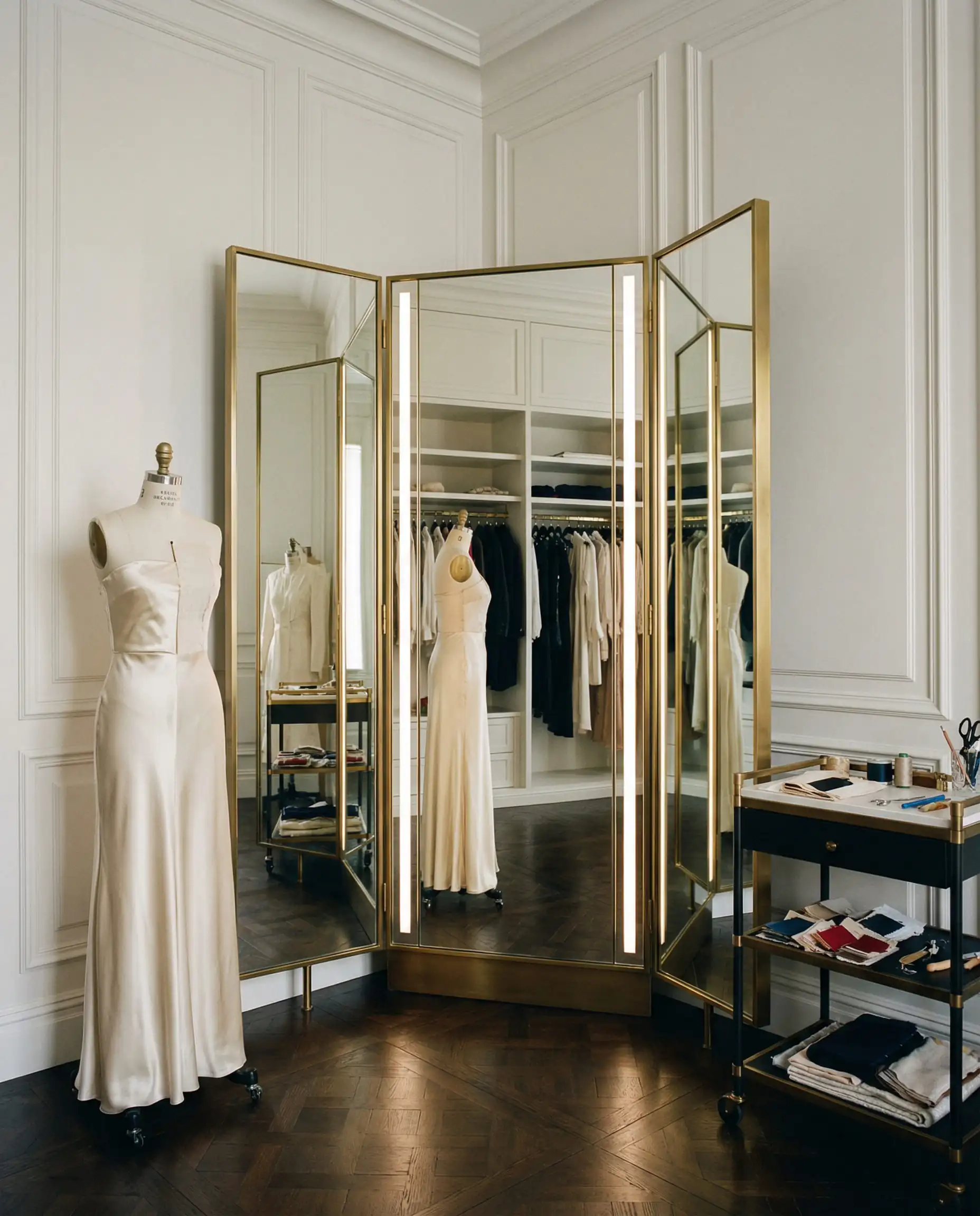 Three-way triptych mirror with integrated lighting in a fashion-forward closet space with a mannequin.