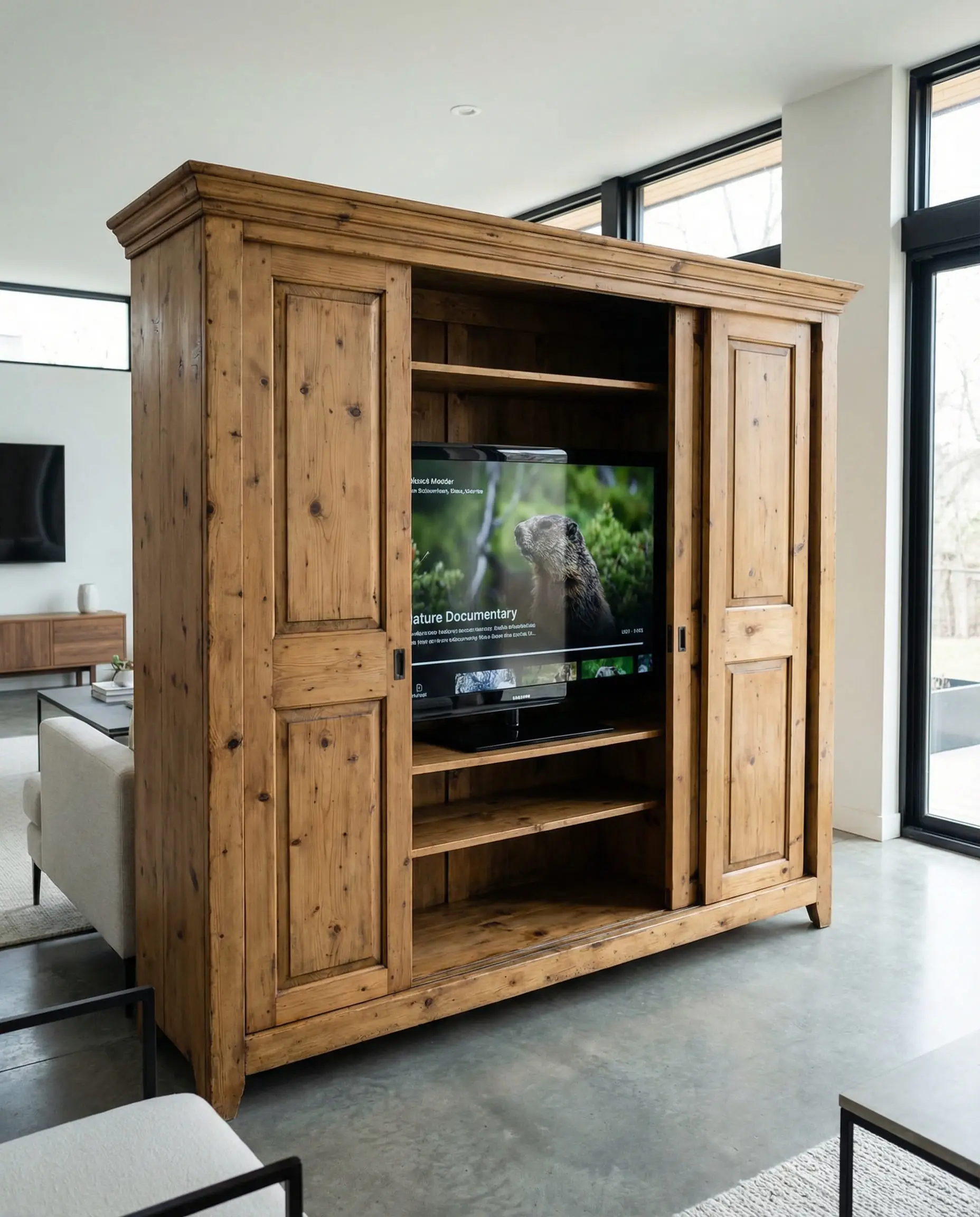 Modern TV hidden inside an antique pine armoire with pocket doors.