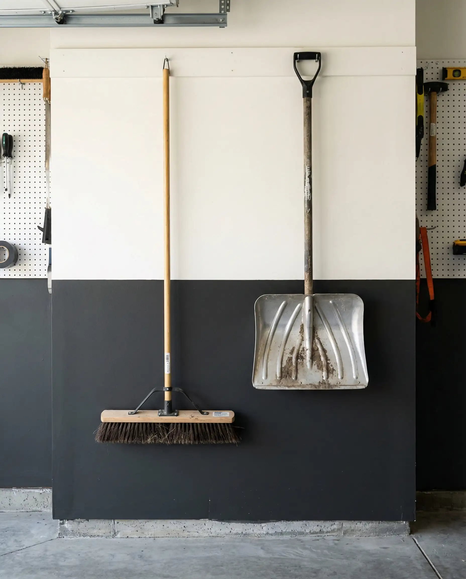Garage wall with two-tone paint, dark charcoal on the bottom to hide scuffs and white on top, with hanging garden tools.