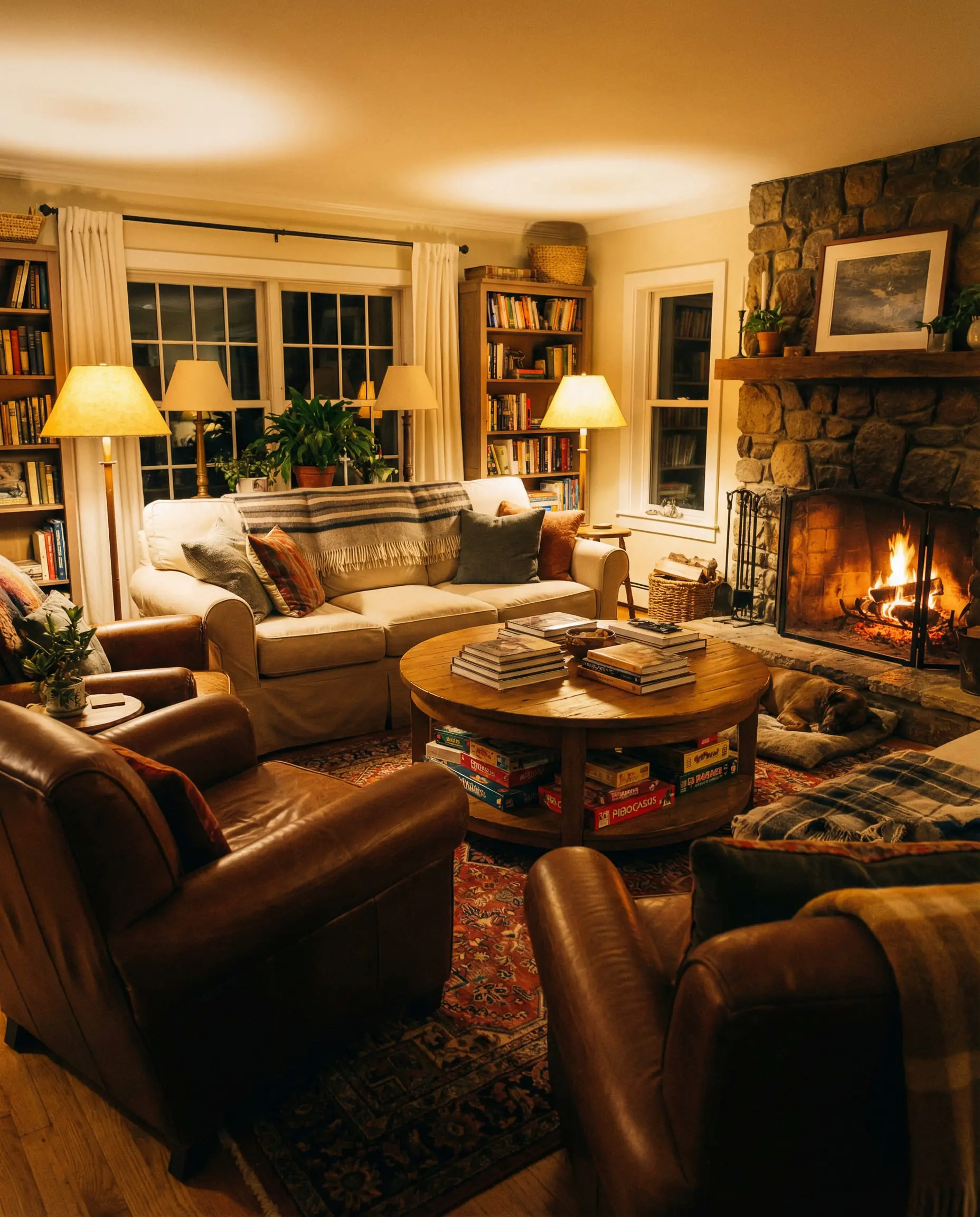 U-shaped living room arrangement with sofa and armchairs facing a fireplace.