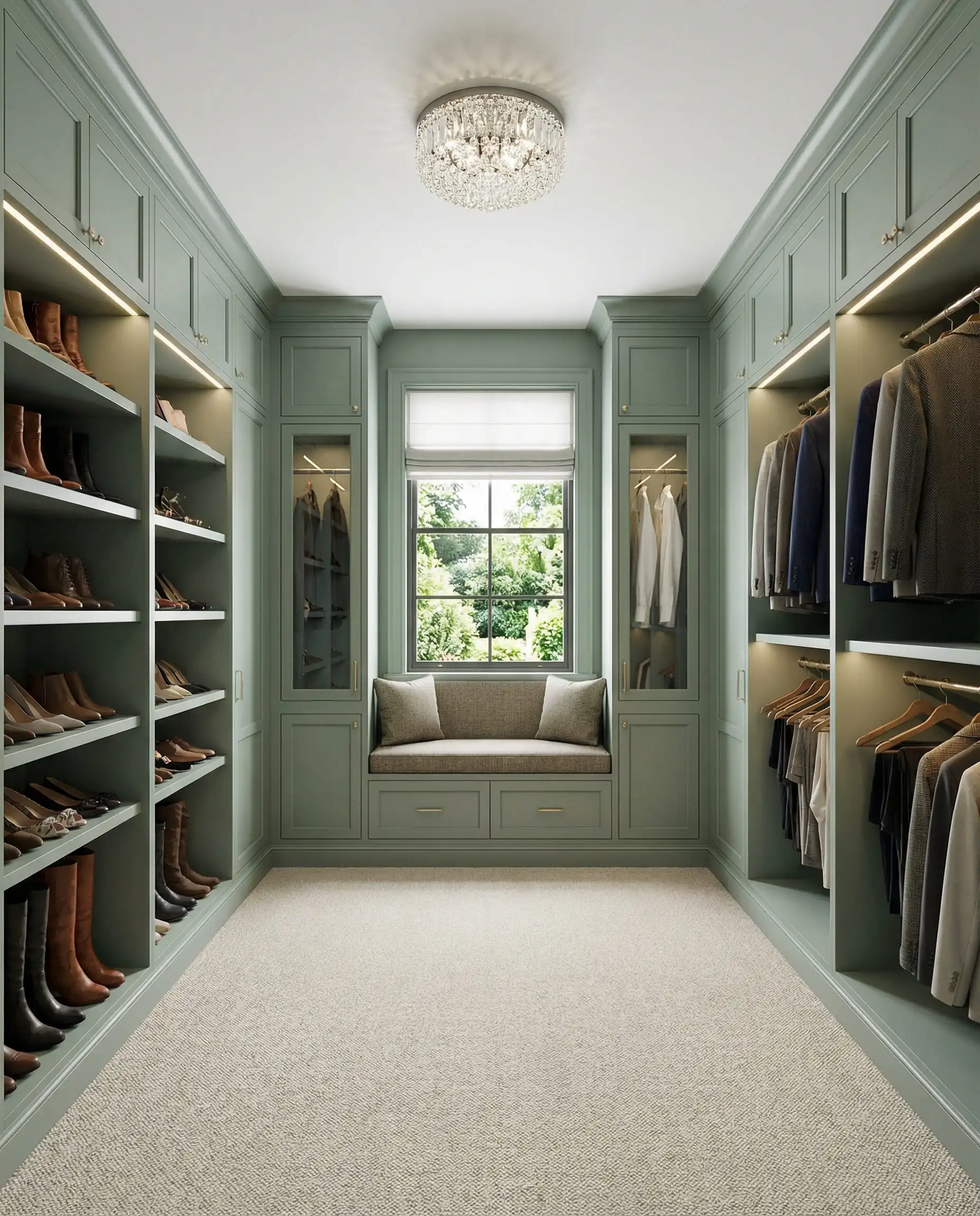 Large U-shaped walk-in closet painted sage green with a built-in window seat and glass-front cabinets.