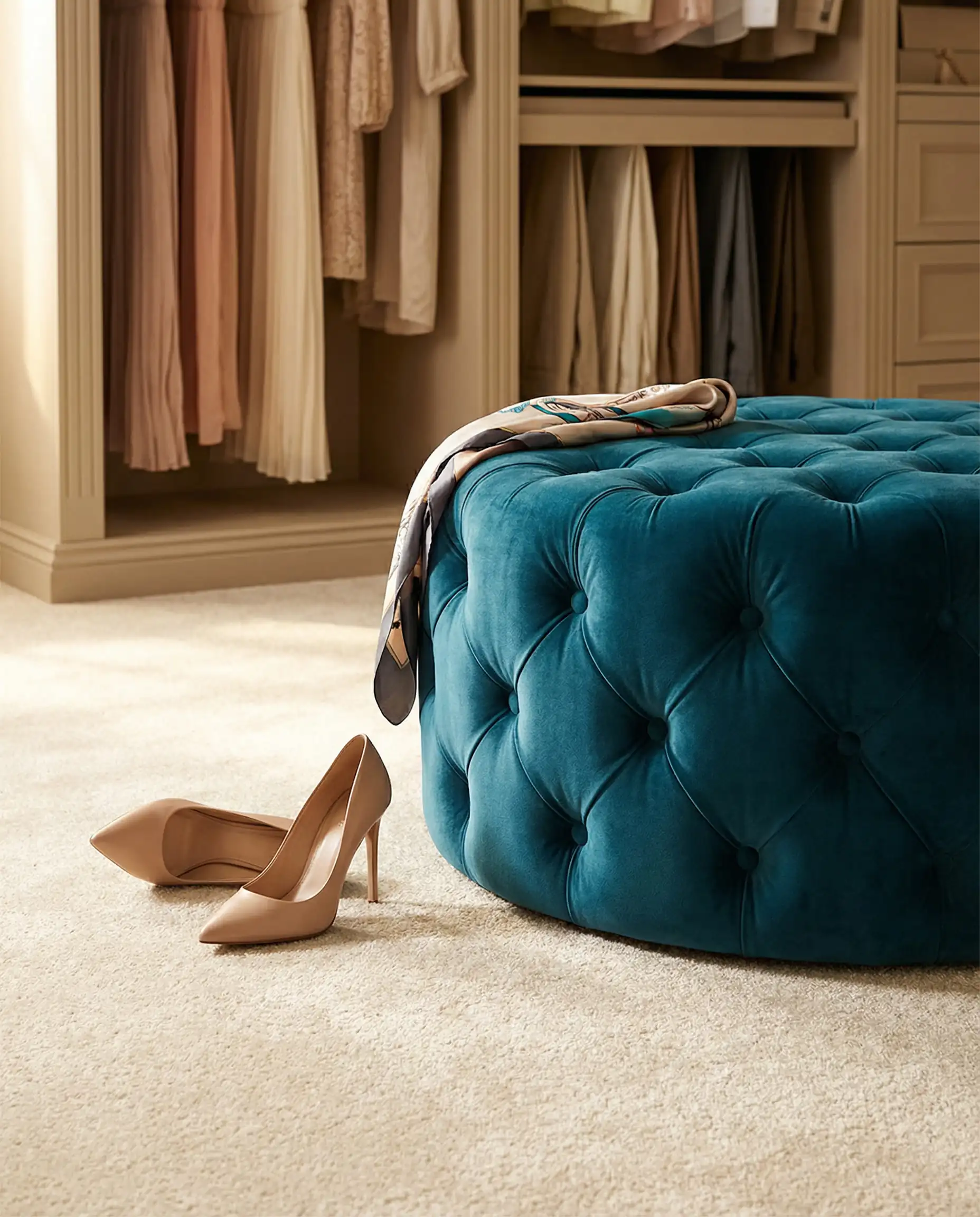 Large teal velvet tufted ottoman placed in the center of a neutral beige walk-in closet.