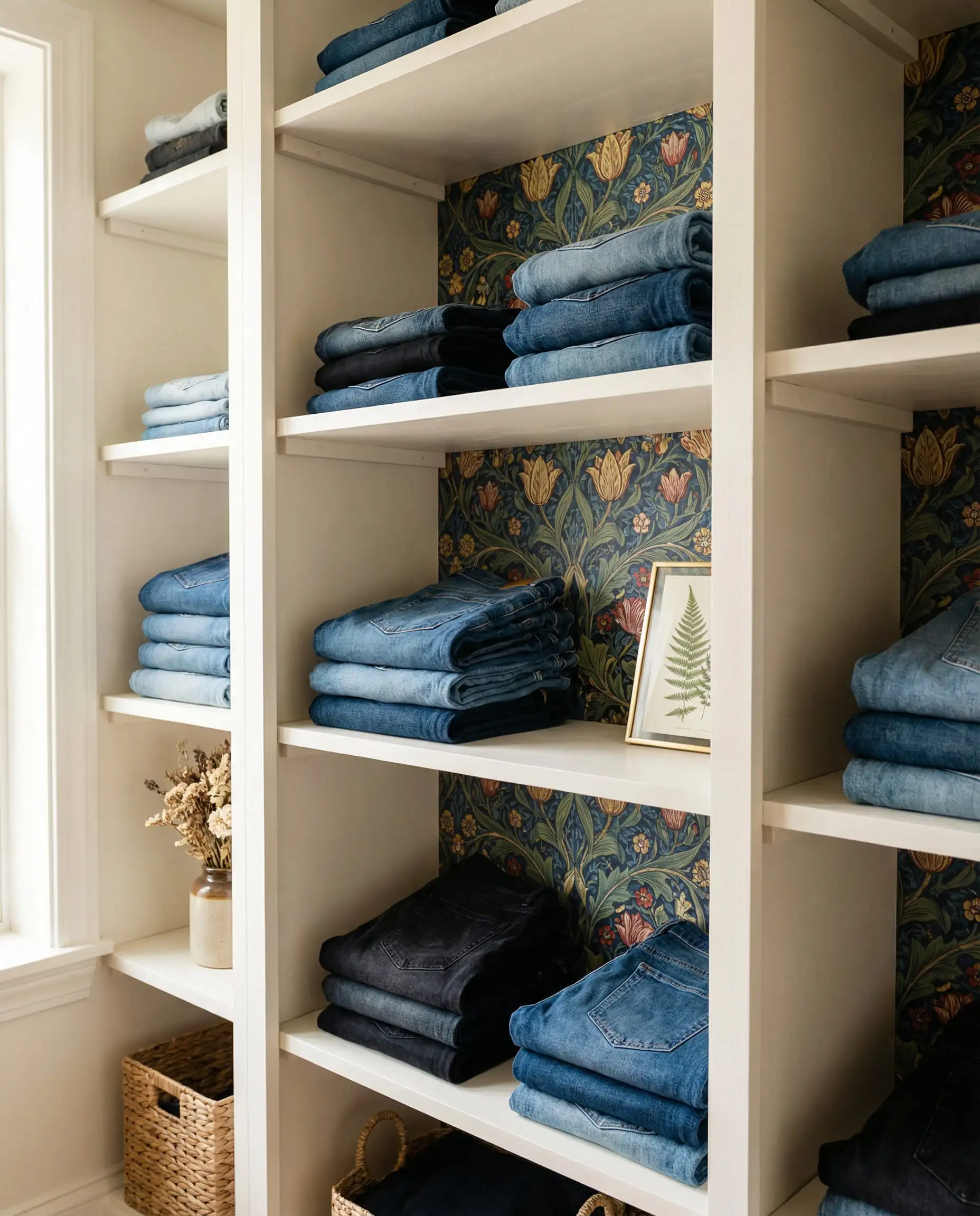 Open white closet shelves with floral wallpaper applied to the back panel behind stacks of jeans.