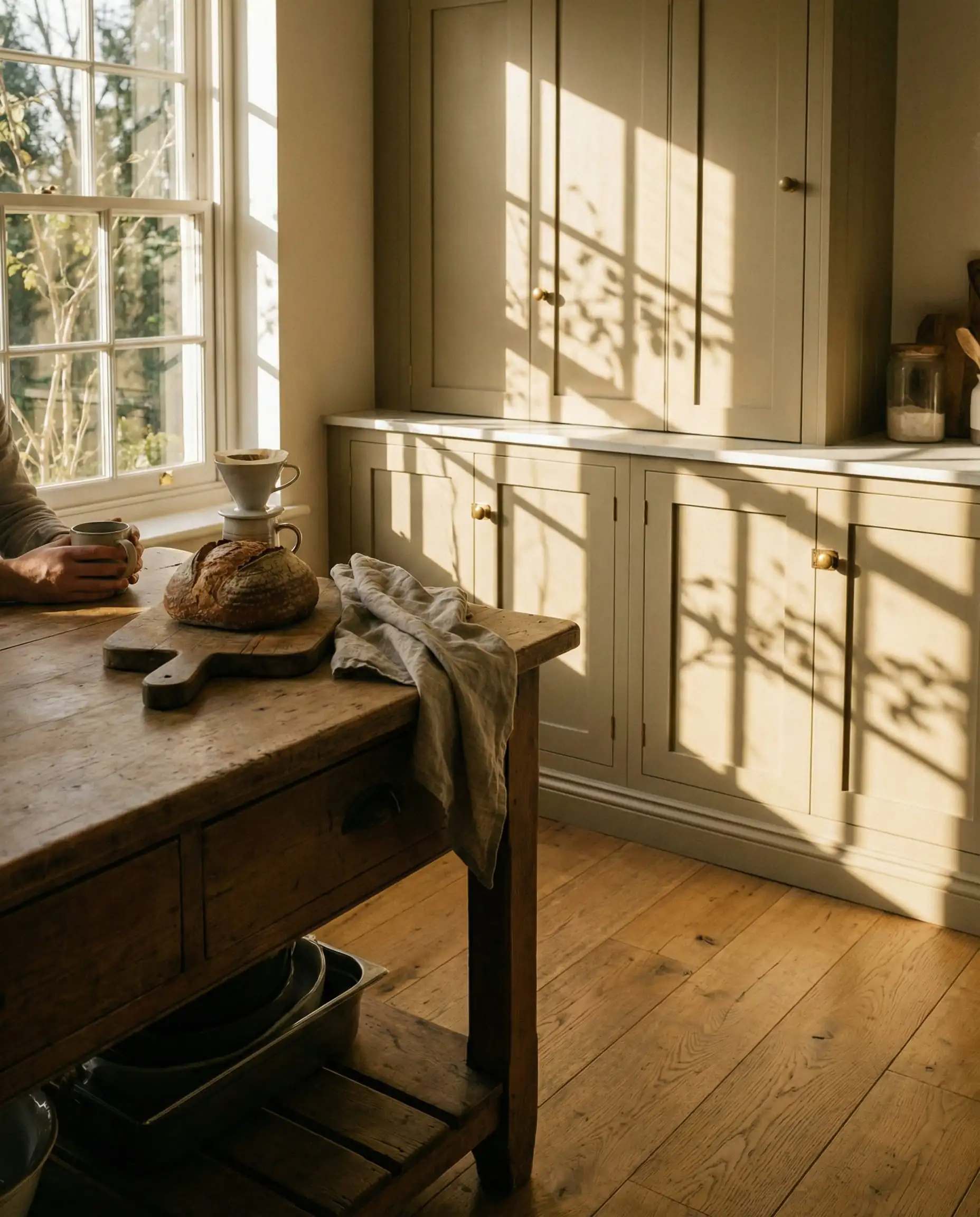 Sun-drenched kitchen island with Sherwin-Williams Universal Khaki lower cabinets and rustic decor.