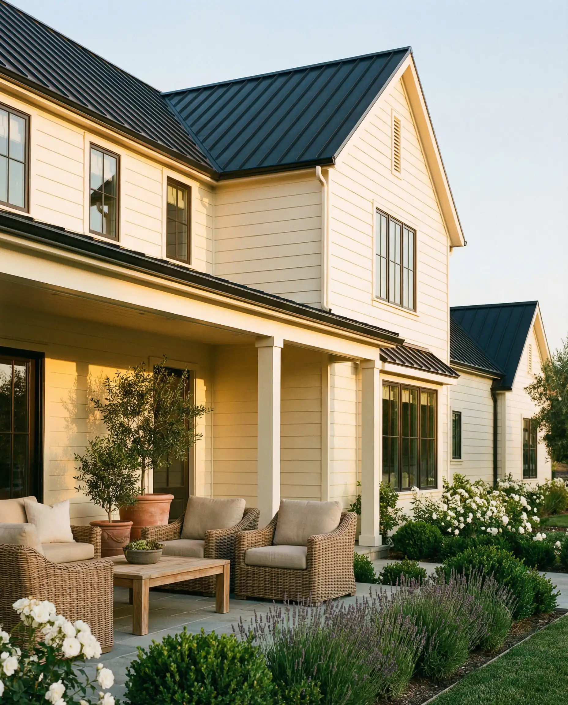 A sprawling modern farmhouse clad in warm cream horizontal siding with a black metal roof, bathed in golden hour sunlight.