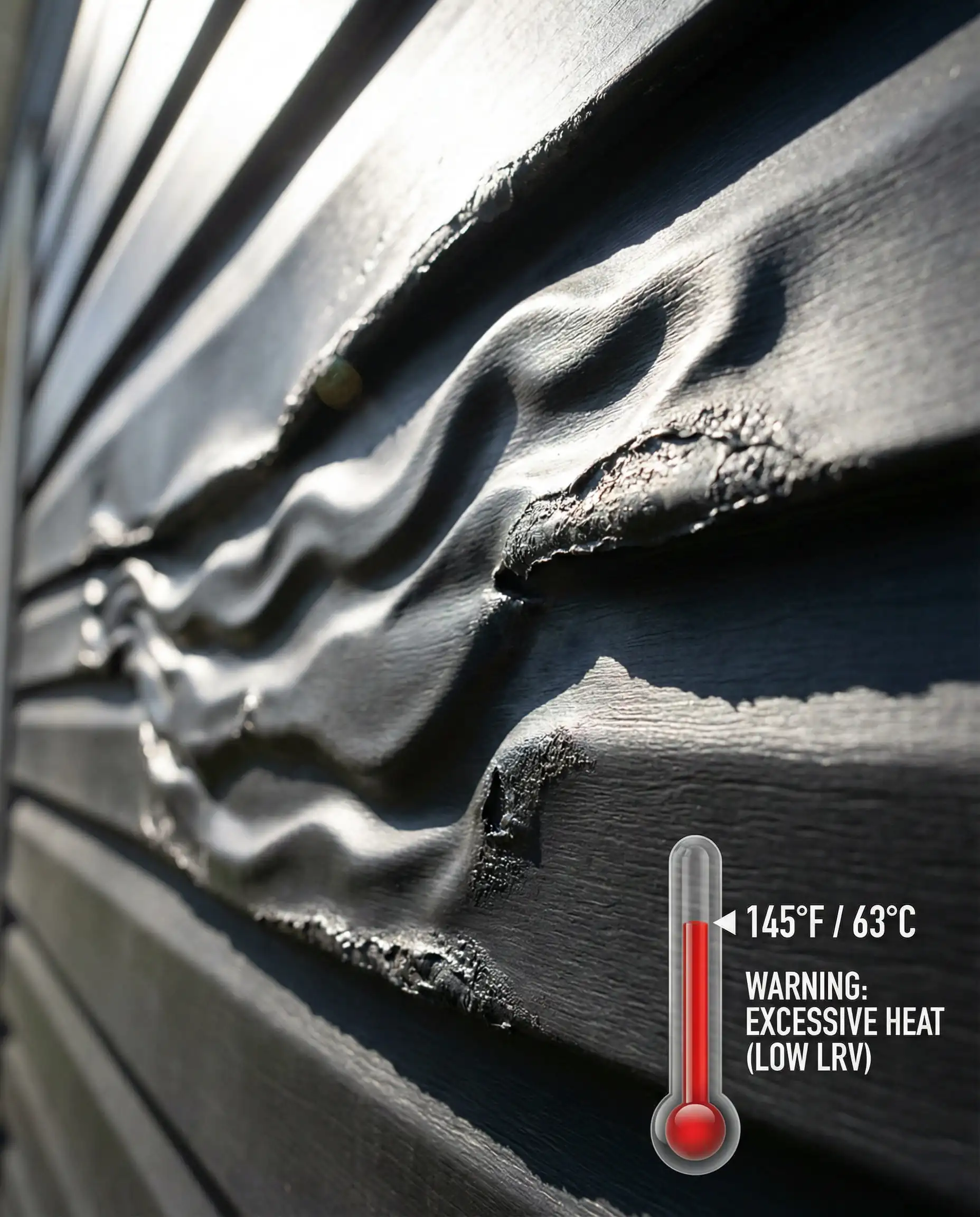 Close up of black painted vinyl siding that has warped and melted due to heat absorption and low LRV.