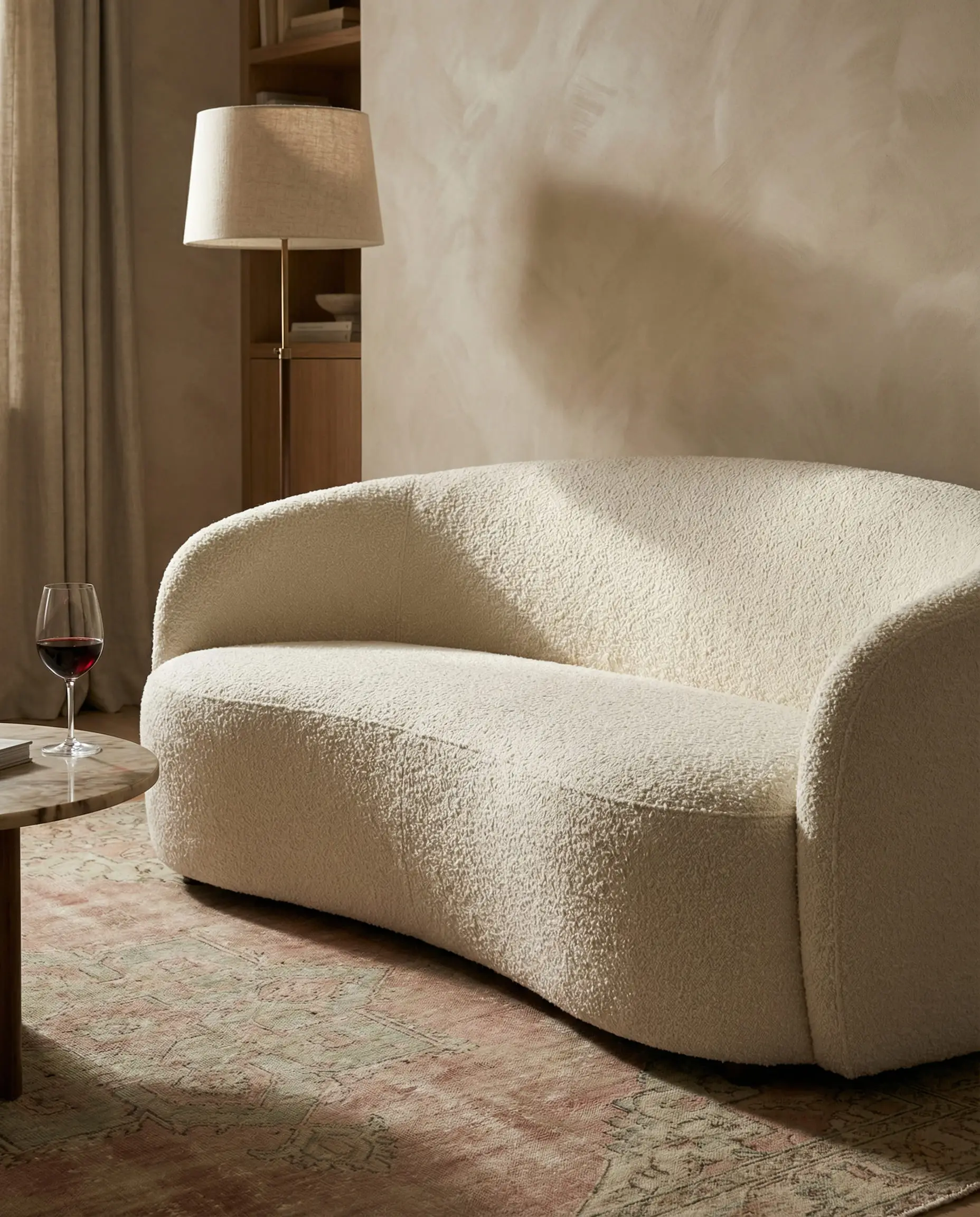 Textured white bouclé curved sofa on a vintage Persian rug.