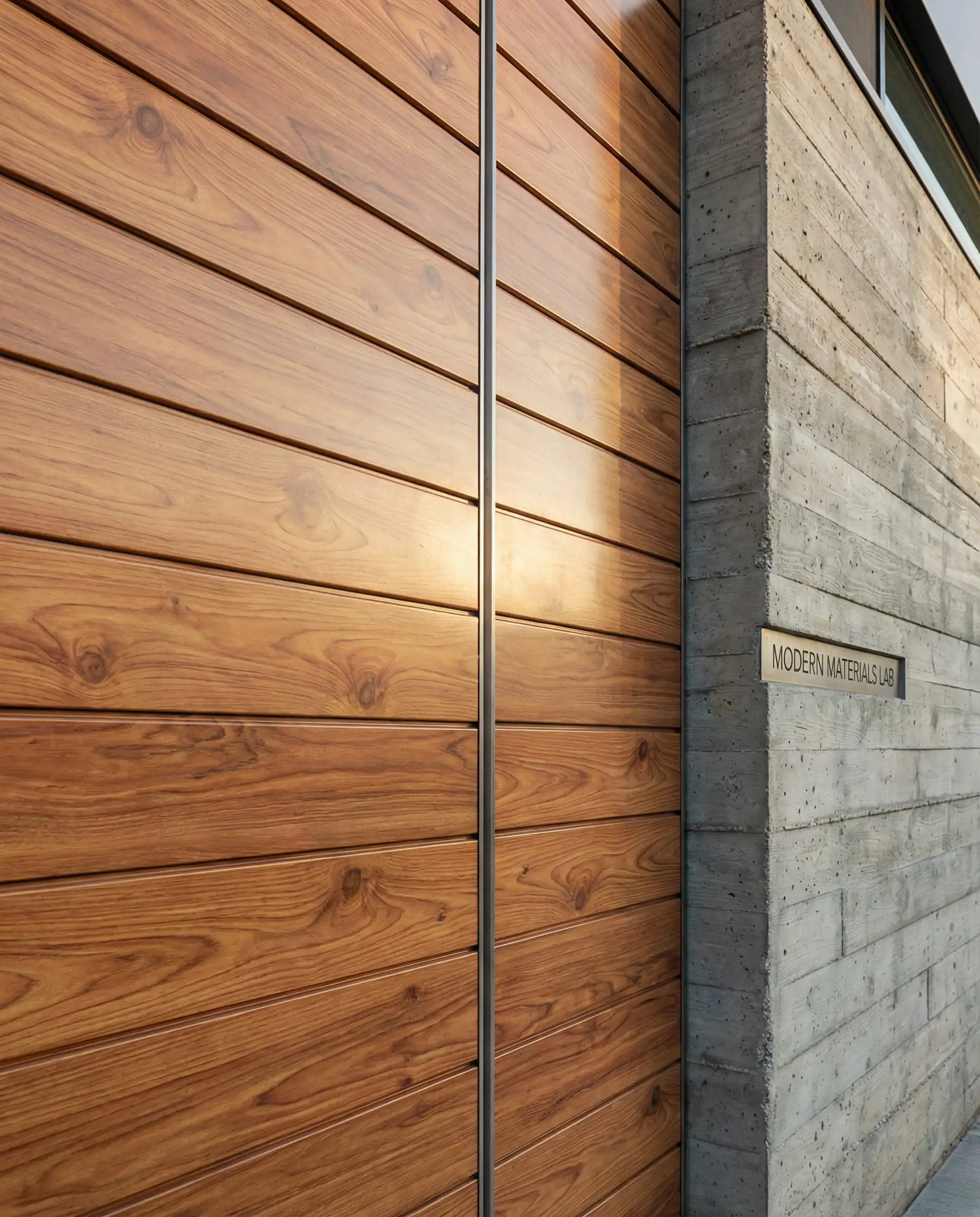 Detail of a modern accent wall clad in wood-look steel siding that mimics knotted cedar, contrasted against raw concrete.