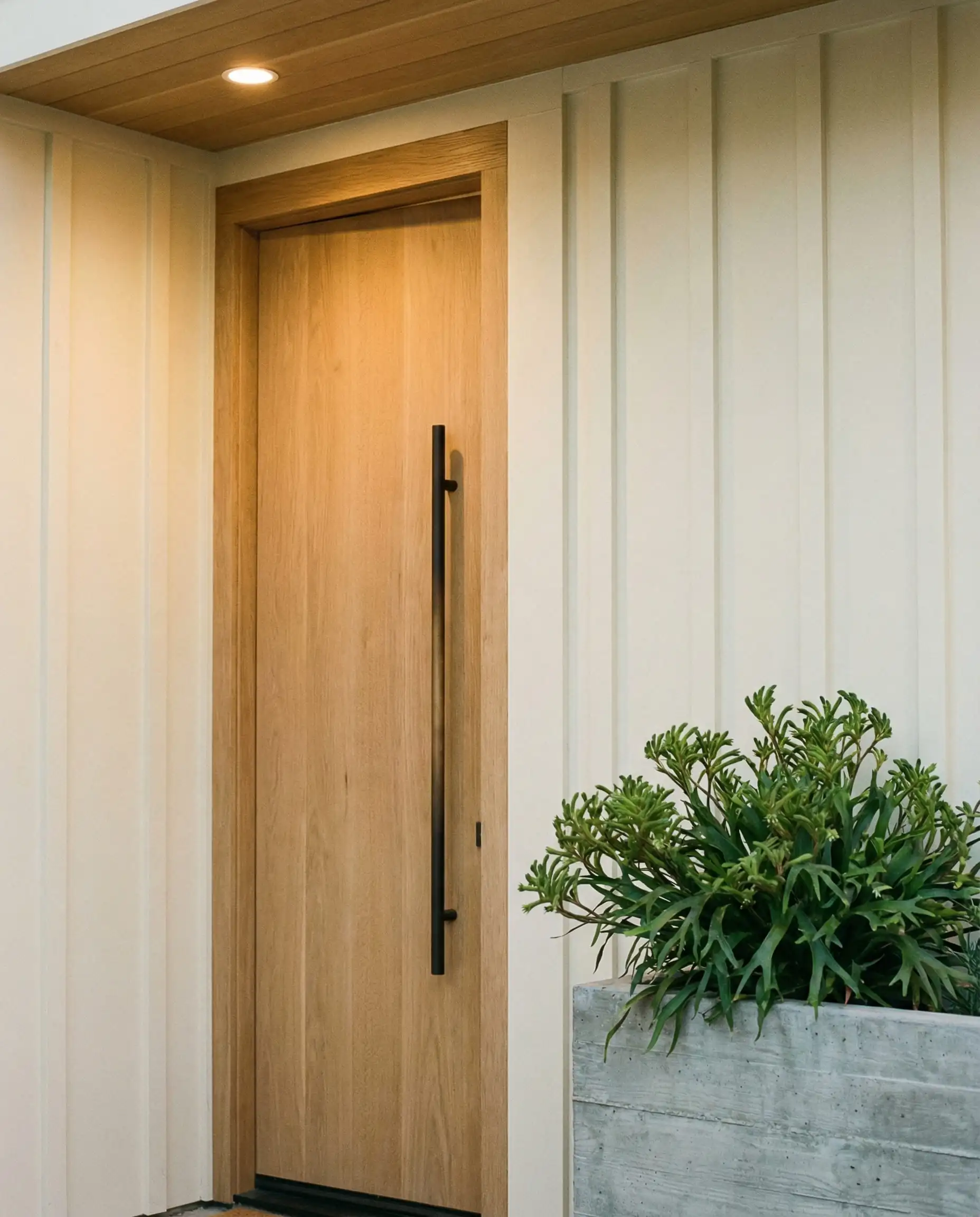 Close up of a rift-sawn white oak pivot door next to cream vertical board and batten siding and a concrete planter.