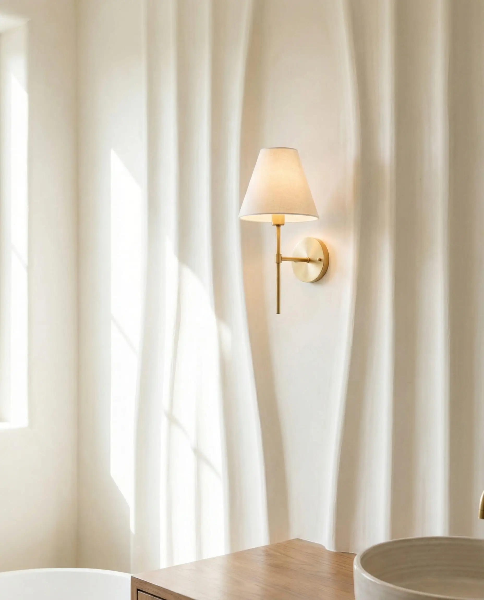 Artistic bathroom wall finished in soft white 3D fluted plaster with curved ridges.