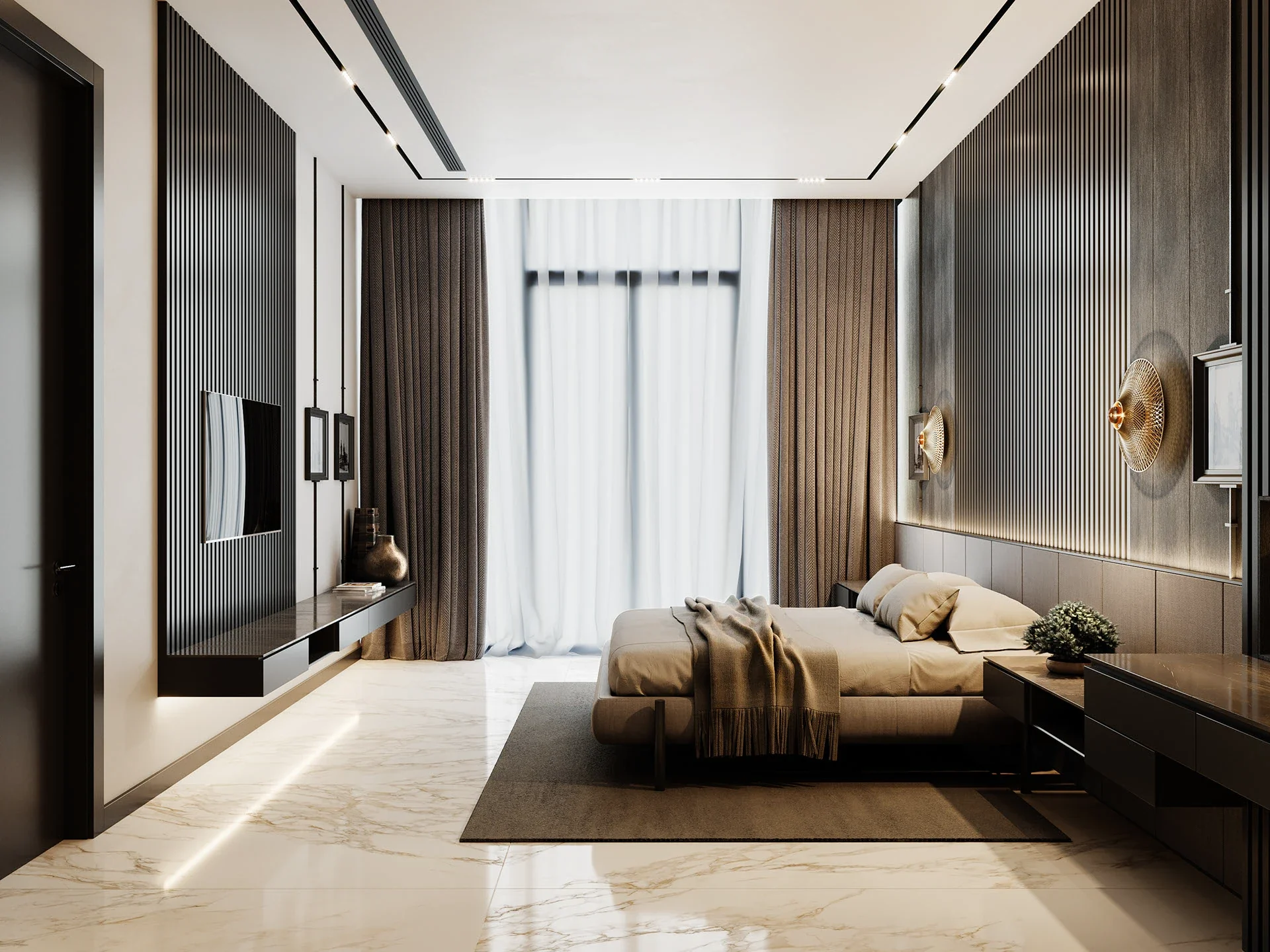 A spacious modern bedroom bathed in natural light, featuring polished white marble floors, dark slatted wood accent walls, a floating black TV console, and neutral bedding.