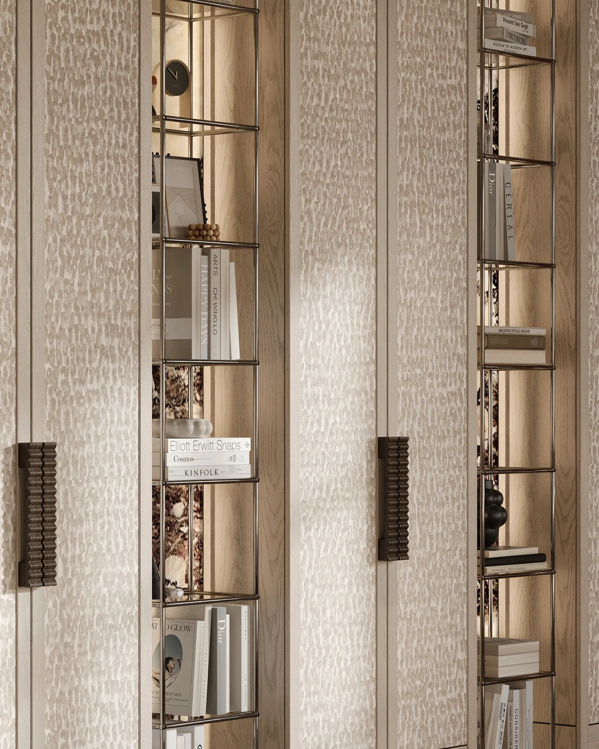 Close-up of built-in light wood wardrobes with patterned doors and integrated narrow vertical metal shelving displaying books, vases, and decorative objects.