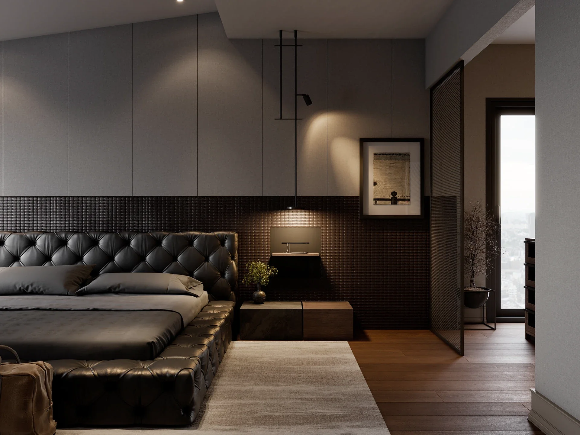 A sophisticated dark bedroom featuring a black tufted leather bed, a textured dark lower wall panel, an elegant minimalist black pendant light over a stone nightstand, and a ribbed glass door.