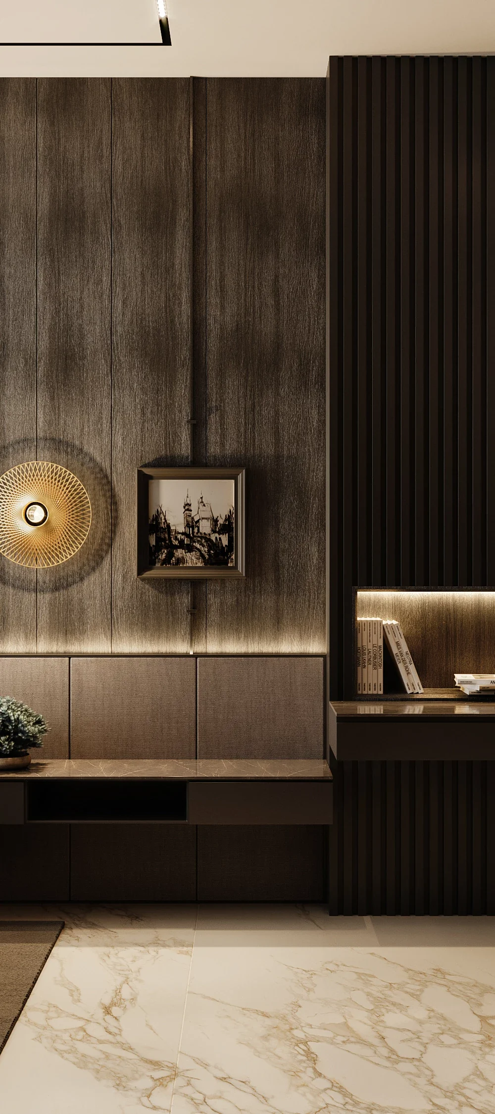 Close-up interior architecture detail showing a transition from smooth dark wood paneling with a gold circular sconce to a slatted wood section above a built-in floating desk.