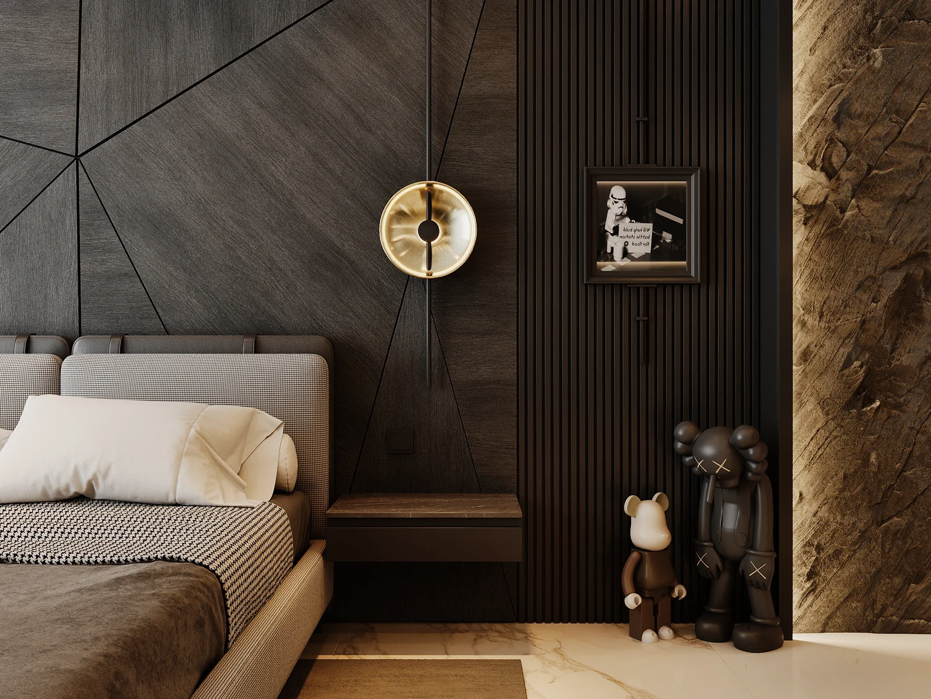 Close-up of a modern bedroom wall featuring a mix of geometric dark wood panels, textured raw stone, slatted black wood, a modern circular gold sconce, and KAWS figurines