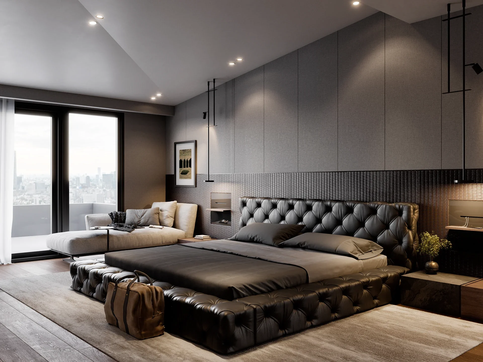 A luxurious contemporary bedroom featuring an oversized black tufted leather bed frame, a sleek grey chaise lounge by a large window overlooking a city, and a textured black lower wall panel.