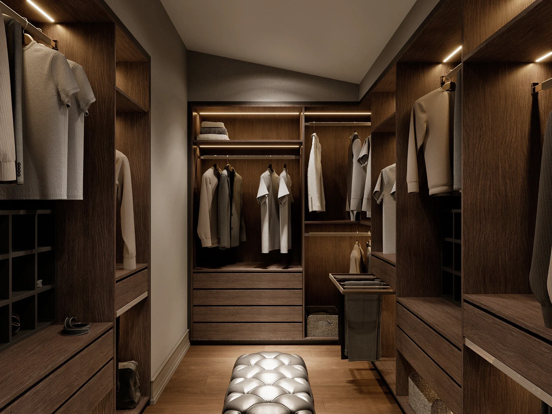 A luxurious walk-in closet featuring custom dark wood cabinetry, integrated LED strip lighting, open shelving for hanging clothes, and a silver tufted bench in the center.