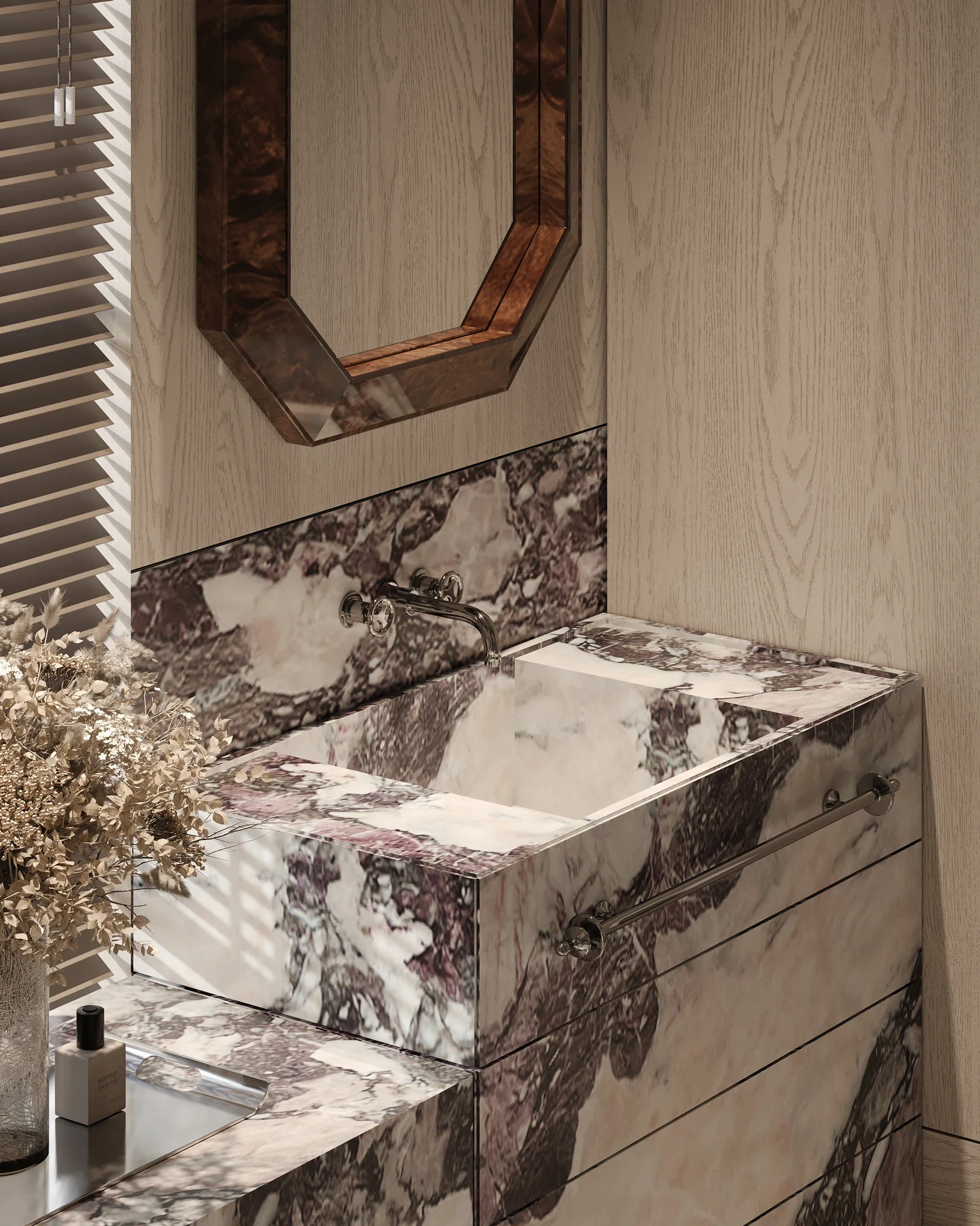 A luxurious bathroom vanity featuring a custom purple and white marble sink basin, an octagonal wooden framed mirror, and light wood wall paneling.