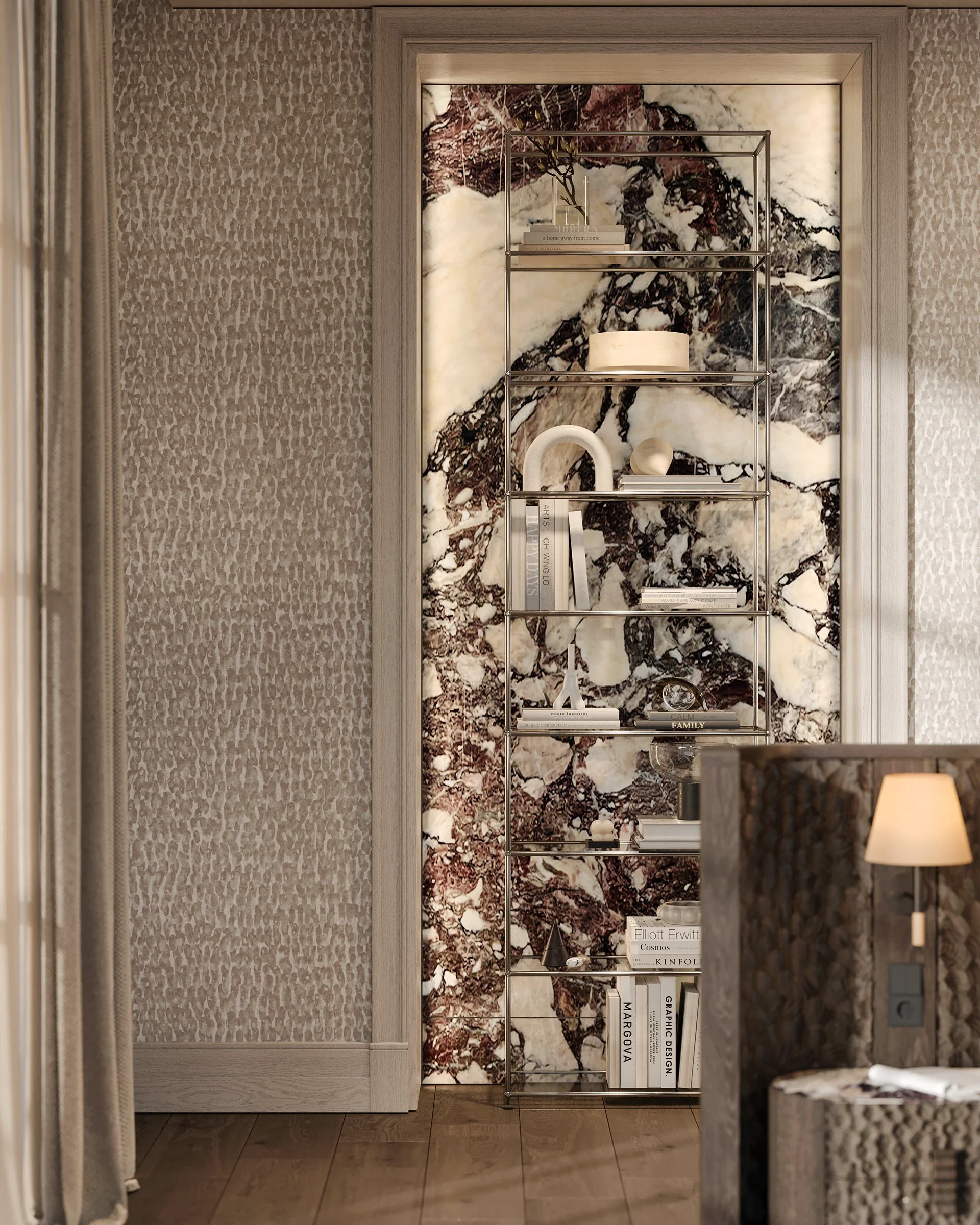 A luxury interior detail showing a tall metal display shelving unit placed inside a wall niche backed by a stunning slab of backlit purple, black, and white marble, surrounded by textured wallpaper.