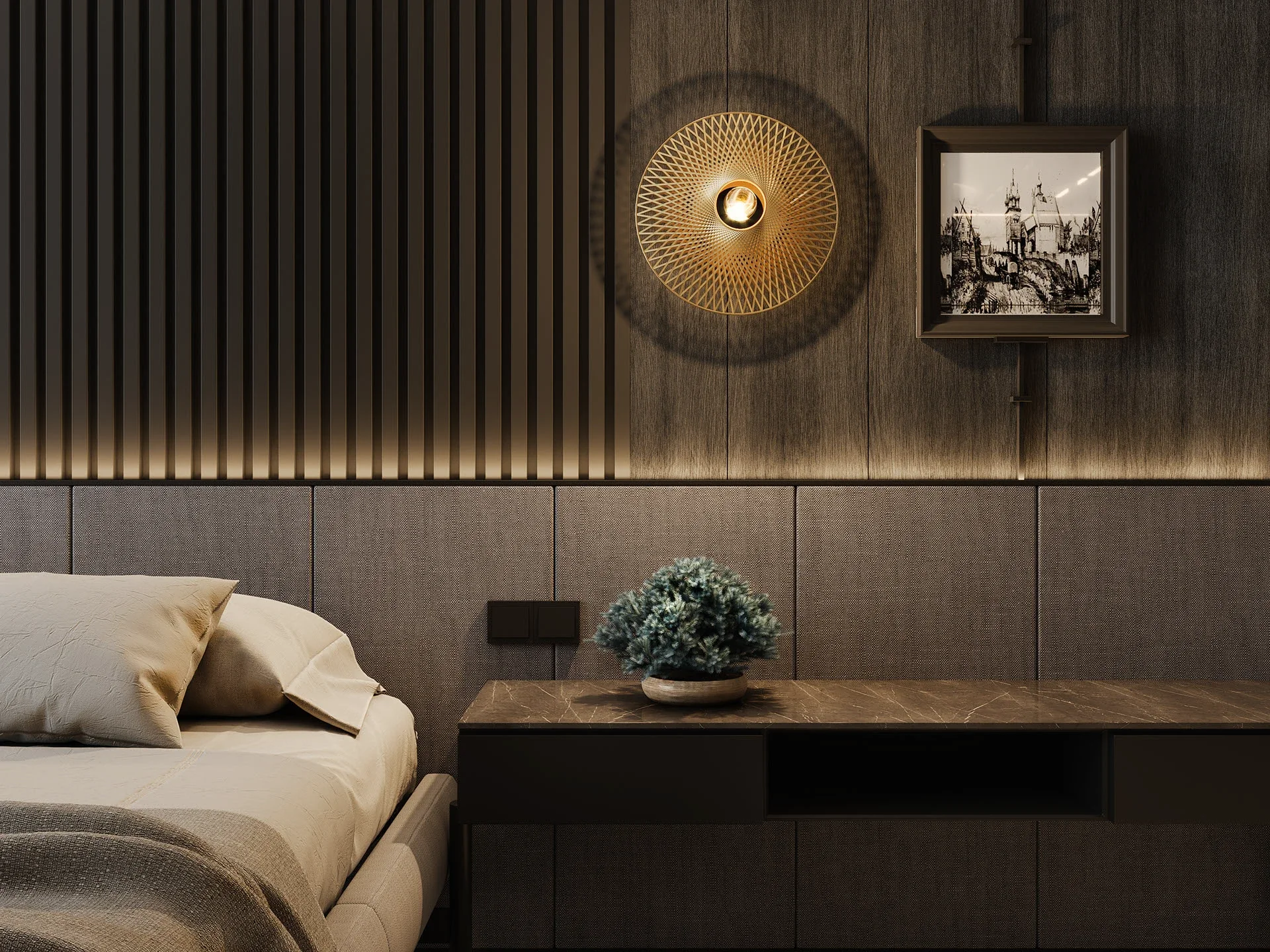 A close-up of a modern bedside setting featuring a dark marble-topped floating nightstand, a small potted green plant, a circular gold geometric wall sconce, and framed artwork hanging on a textured wood wall.