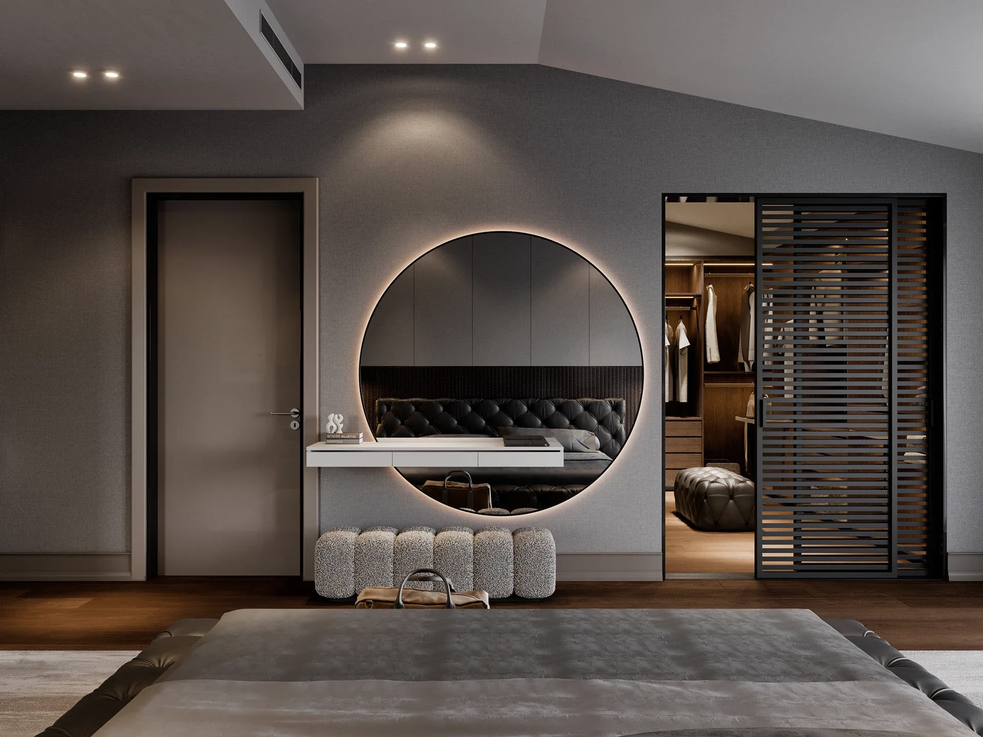 A contemporary bedroom featuring a large glowing backlit round mirror over a white floating vanity desk, with sliding slatted doors opening to a dark wood walk-in closet.
