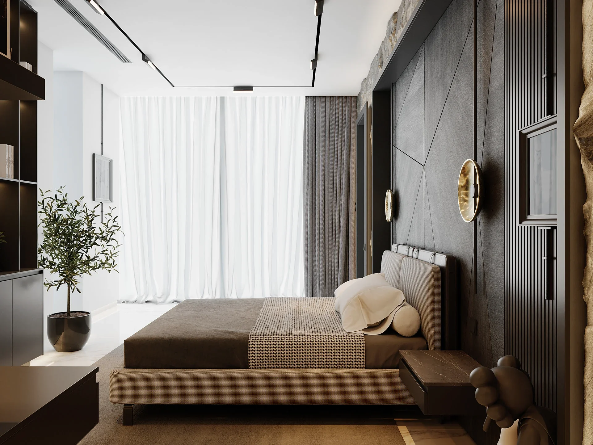 A spacious, bright modern bedroom featuring a floor-to-ceiling black bookcase and desk unit, large windows with sheer curtains, an indoor tree, and a dark geometric wood and stone accent wall behind the bed.