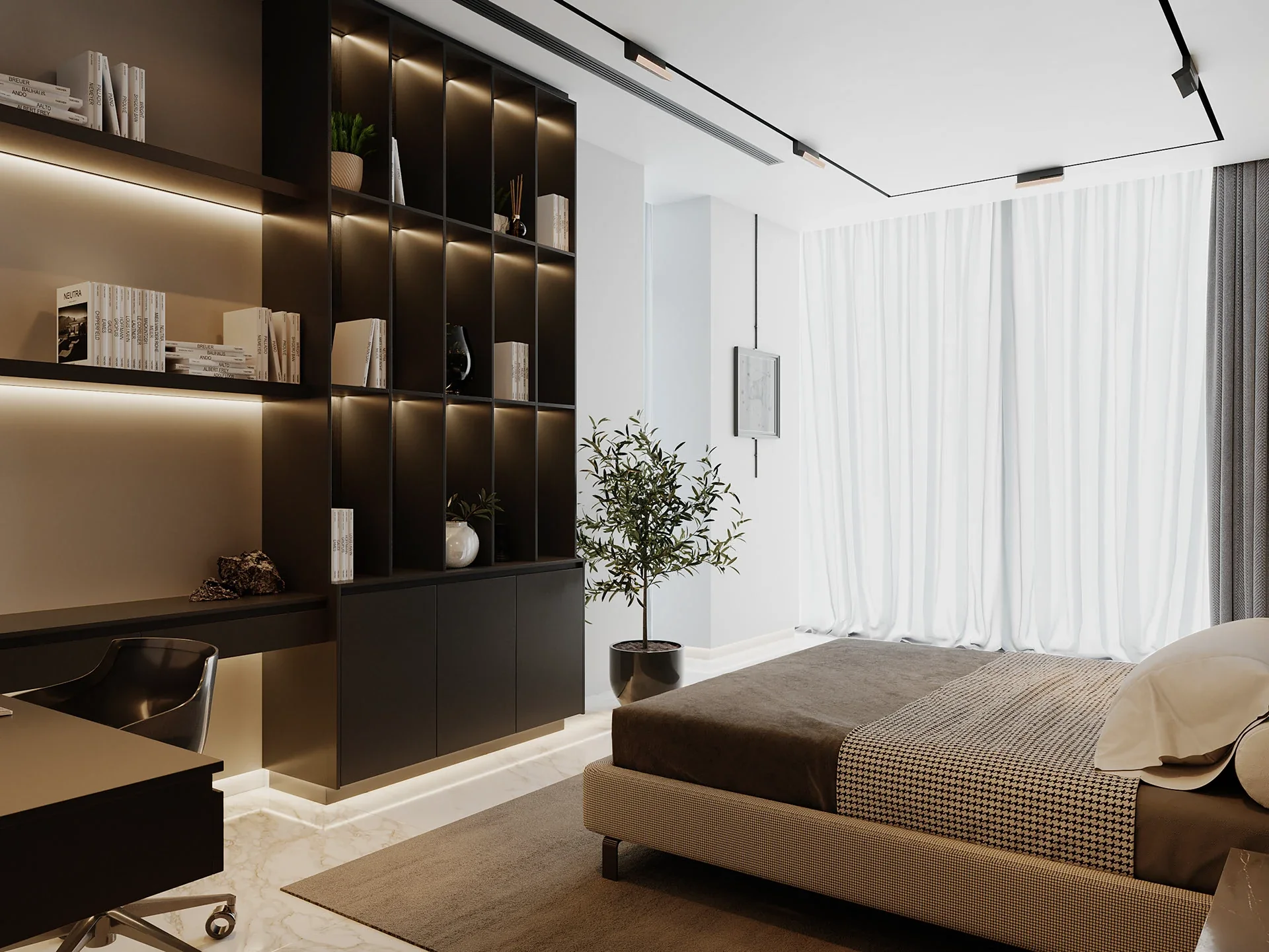 A bright modern bedroom featuring a floor-to-ceiling black display bookcase with integrated lighting, a built-in desk, a grey bed, and large windows with sheer white curtains.