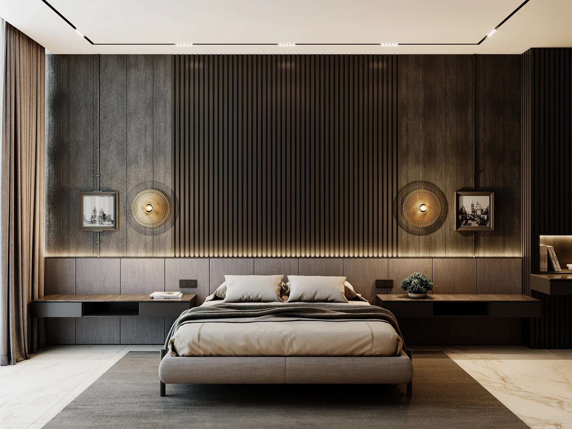 A wide view of a modern bedroom with white marble floors, a central dark wood slatted accent wall, a grey upholstered bed, floating bedside tables, and striking circular gold wall sconces.