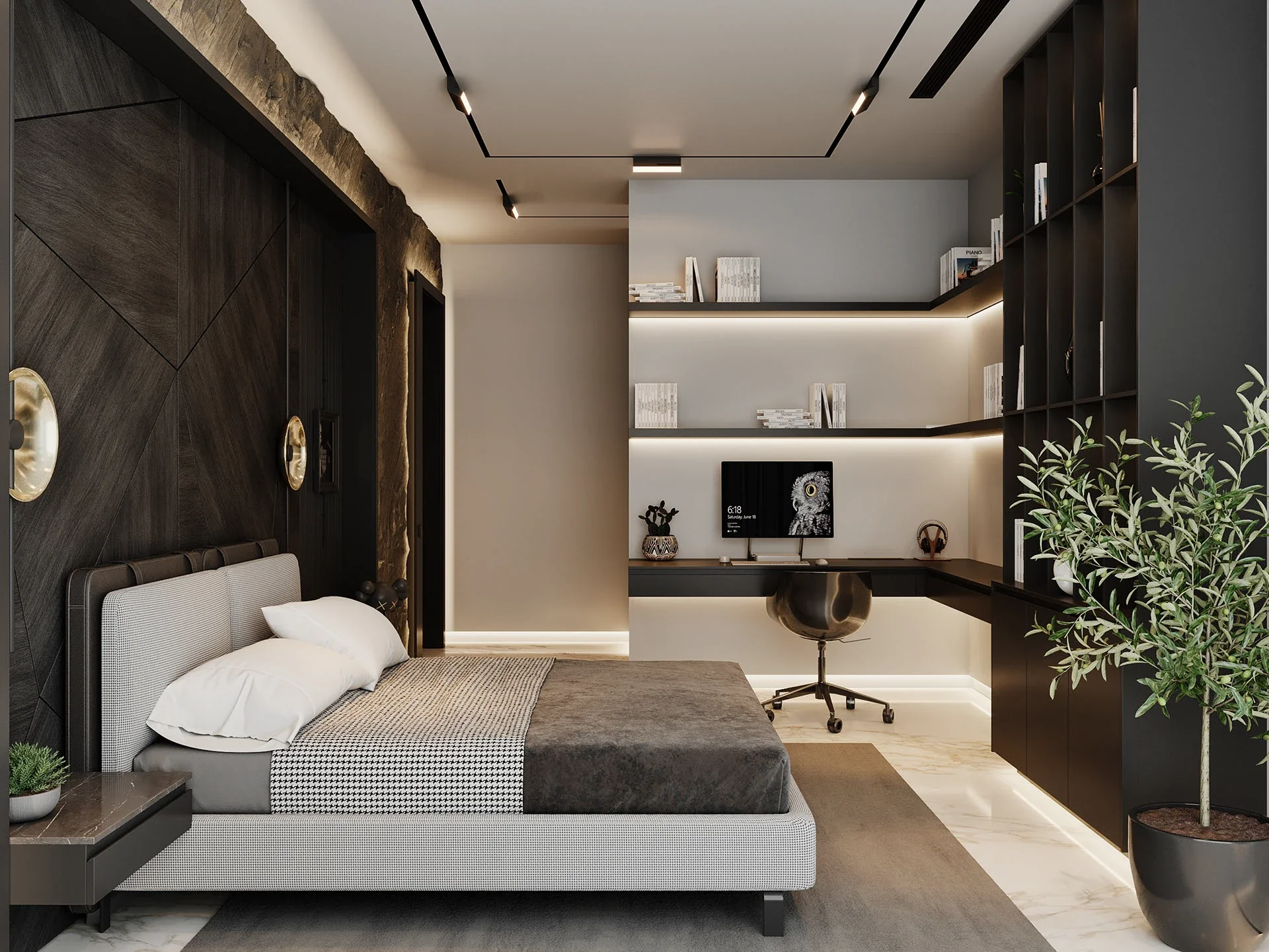 A modern dark bedroom featuring a grey upholstered bed, a textured stone and black wood geometric accent wall, and a built-in home office desk with floating shelves.