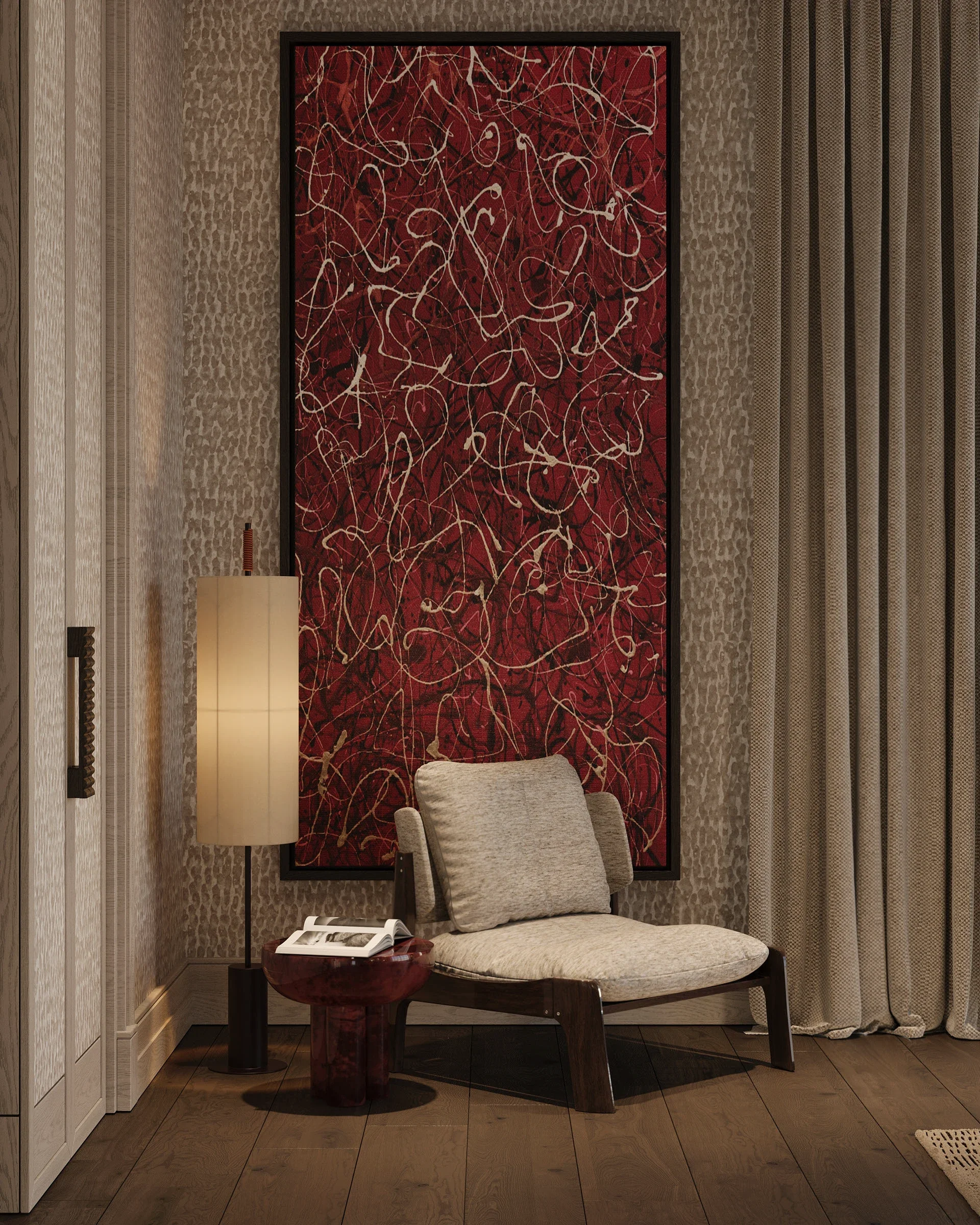 A cozy and modern reading nook featuring a large framed piece of abstract red and white splatter art, a sleek wood and fabric lounge chair, a red acrylic side table, and a cylindrical floor lamp against textured wallpaper.