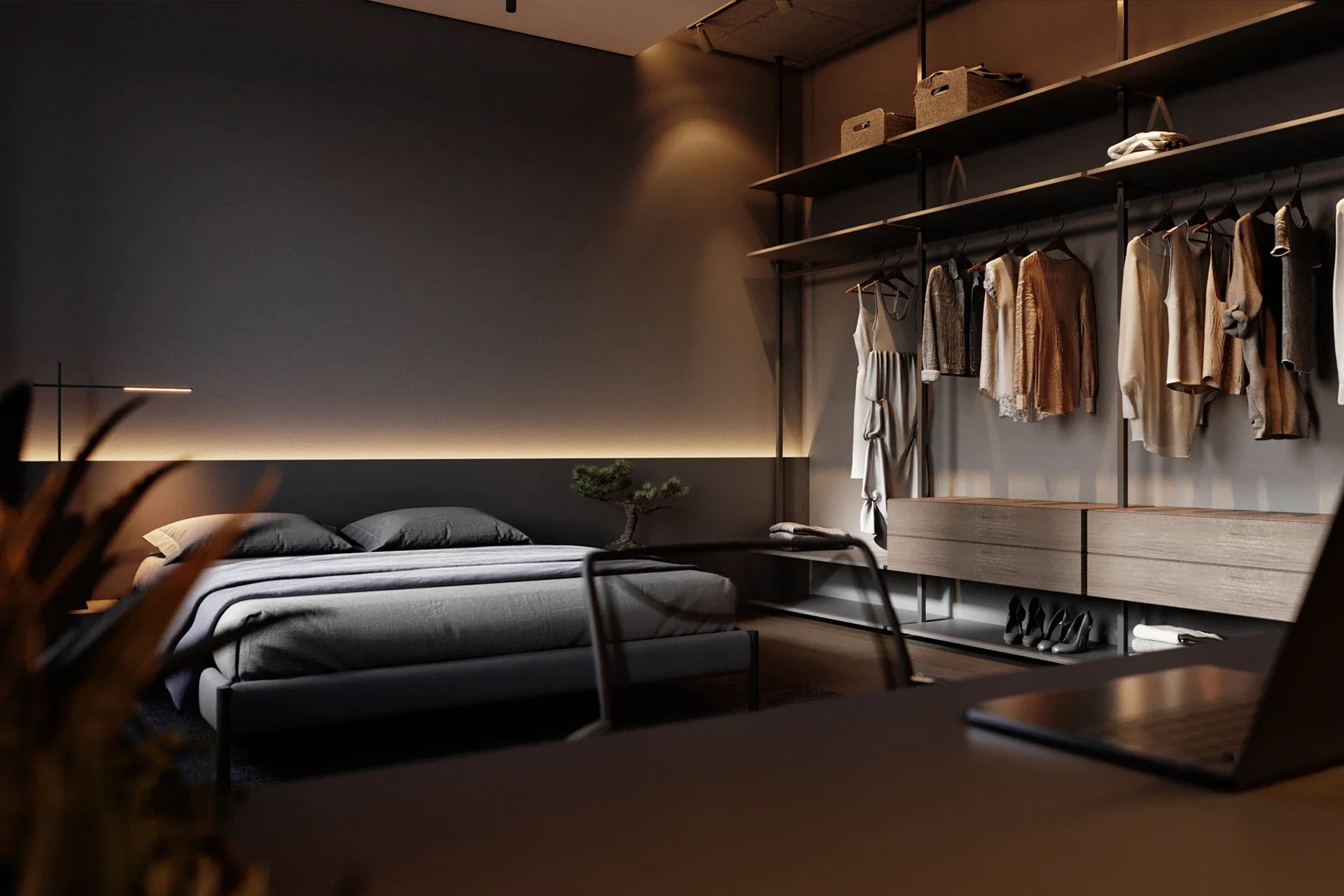 A moody, minimalist dark grey bedroom featuring an open-concept metal and wood wardrobe system, soft LED wall backlighting, and a dark grey bed.