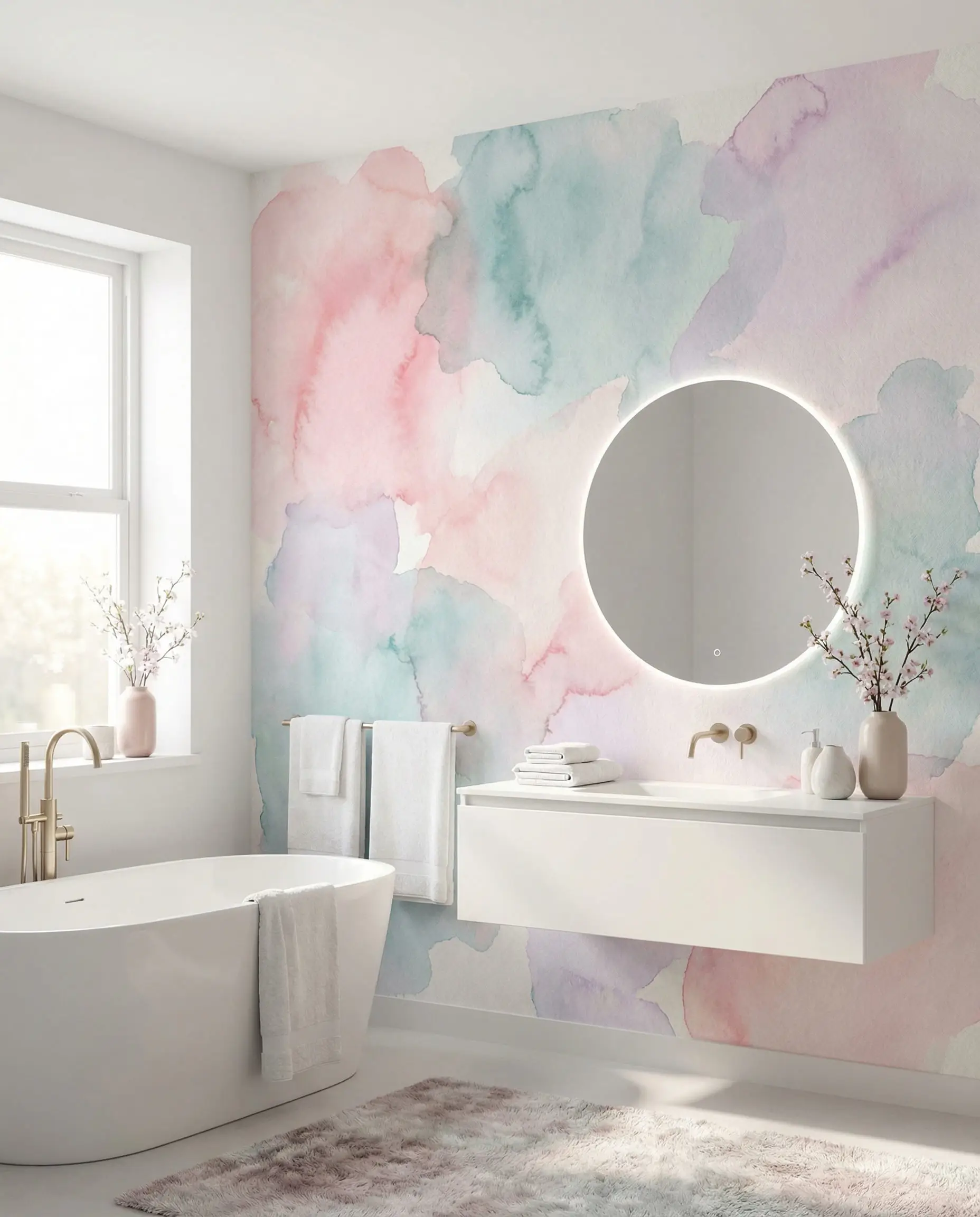 Modern bathroom with a soft pastel pink and teal abstract watercolor wallpaper mural.