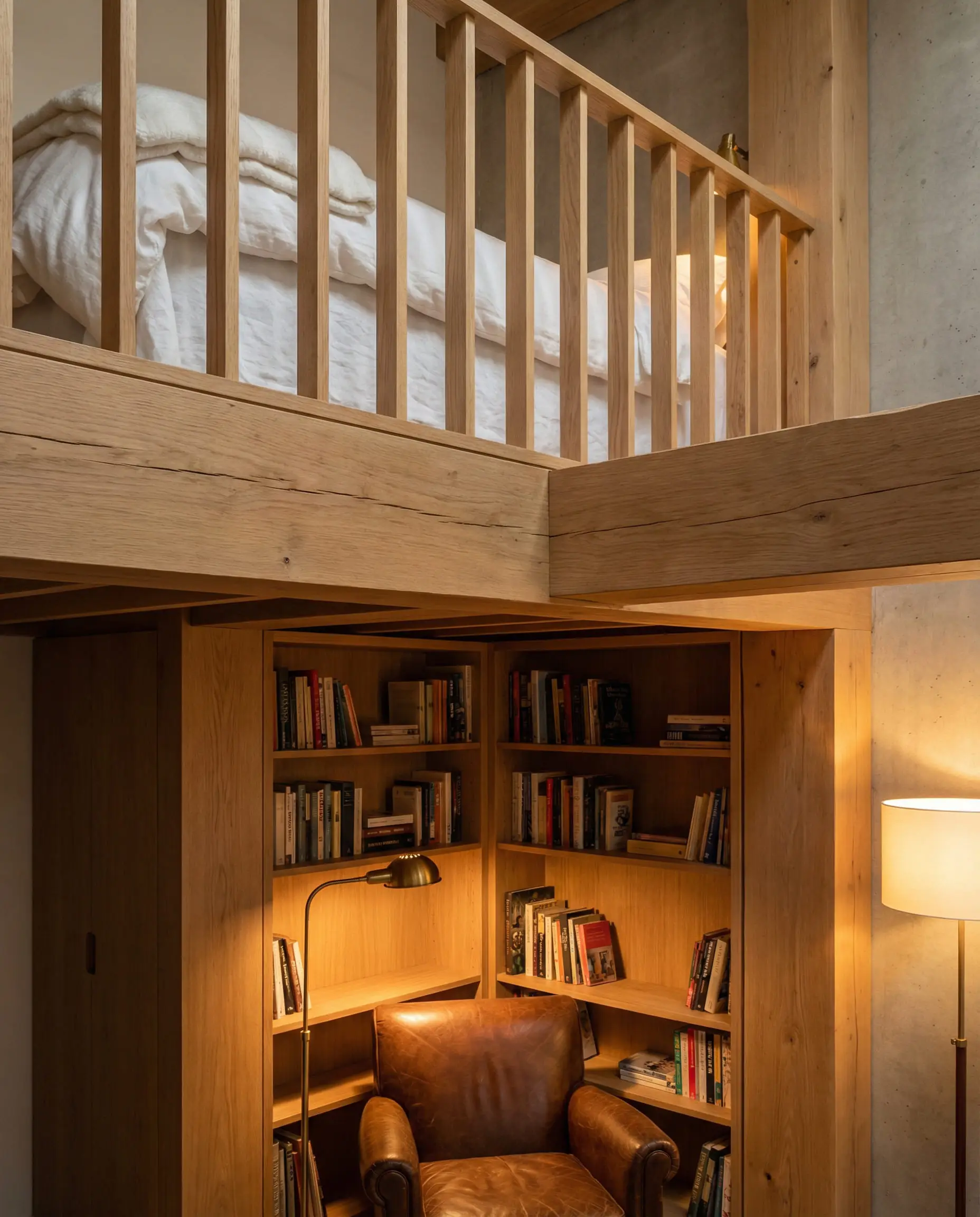 Custom solid oak loft bed with a workspace underneath in a high-ceiling studio apartment.