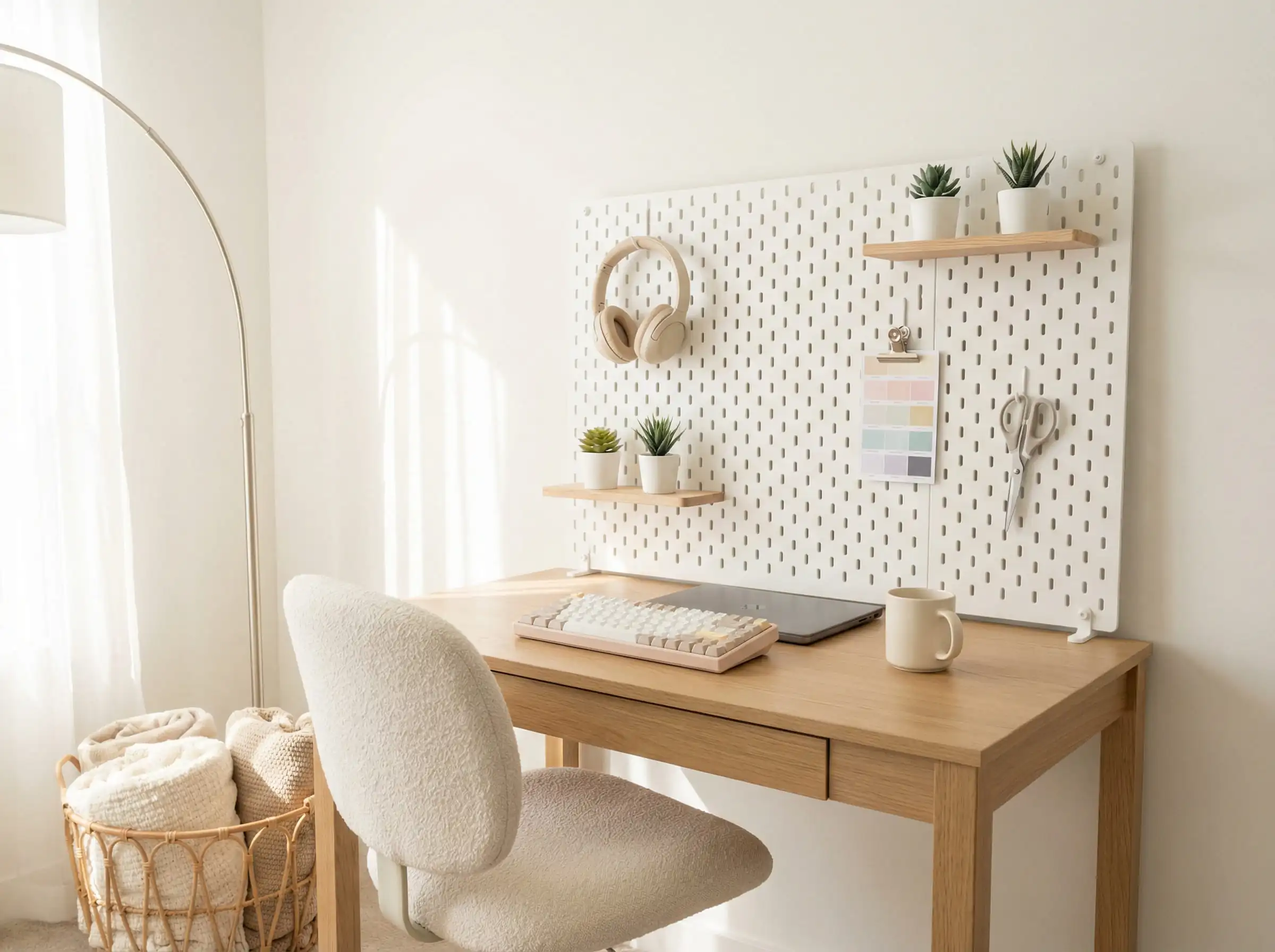 Modern desk setup featuring a white pegboard organizer with headphones and plants.