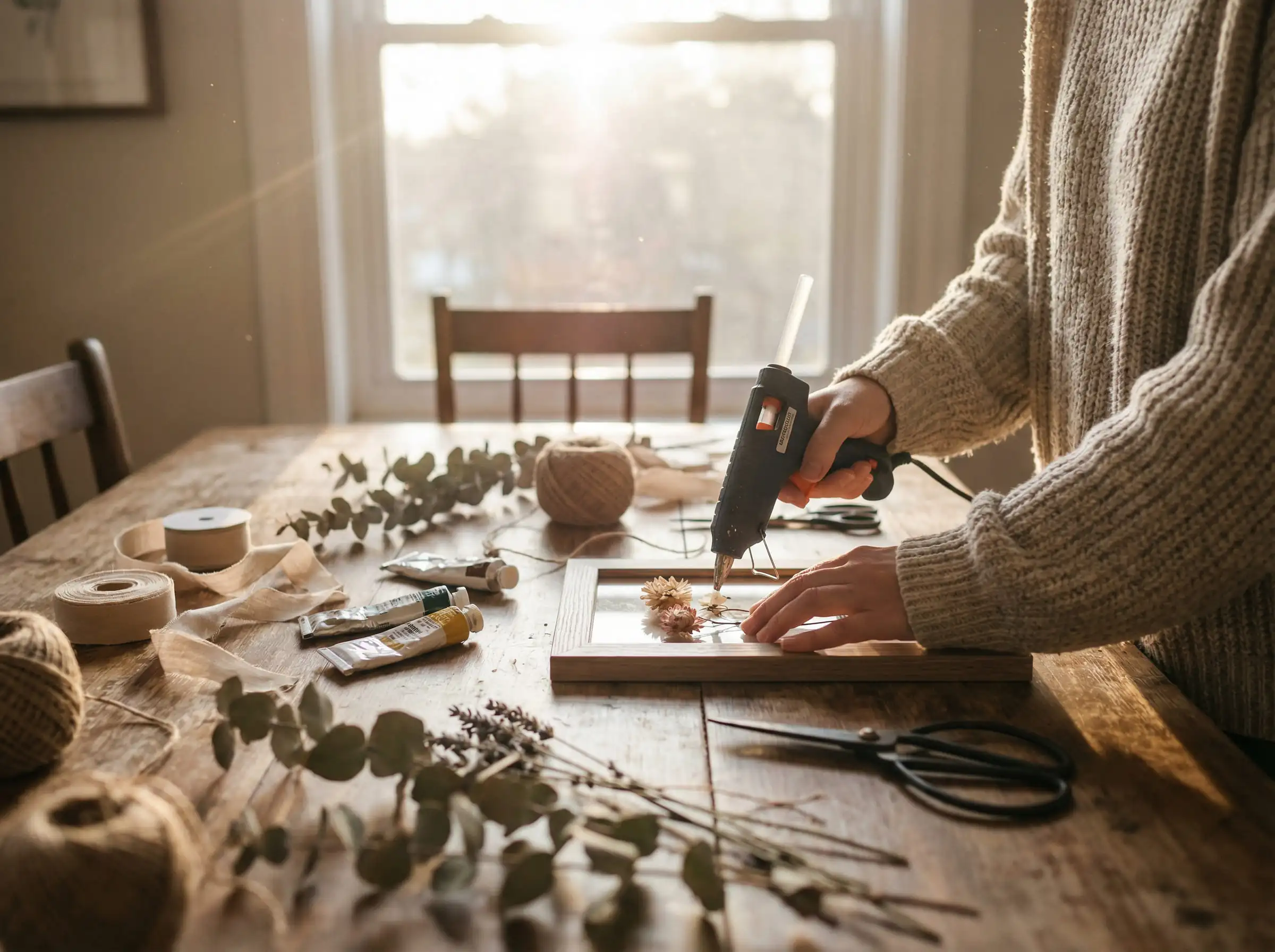 Person crafting aesthetic room decor items at a sunlit table.