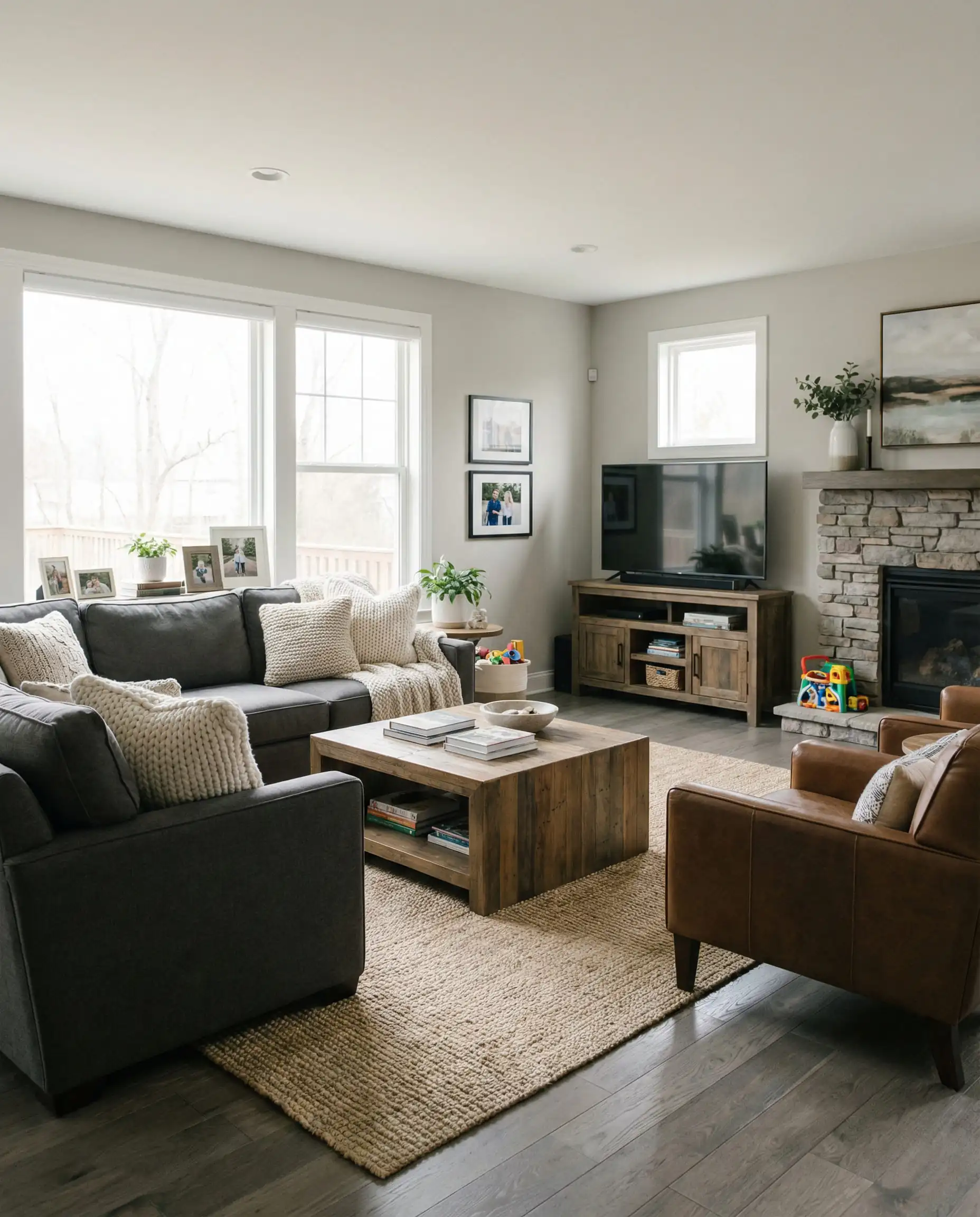 Timeless living room with Agreeable Gray walls, medium gray hardwood floors, and a large beige area rug anchoring the space.