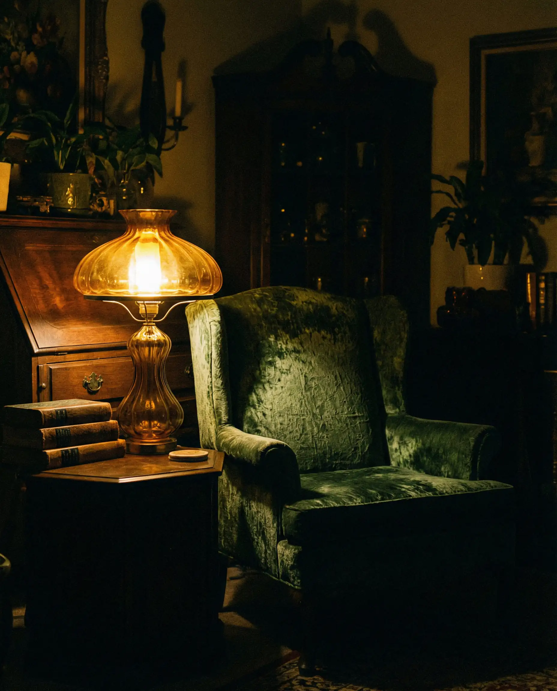 Dark living room corner illuminated by the warm glow of an amber glass table lamp.