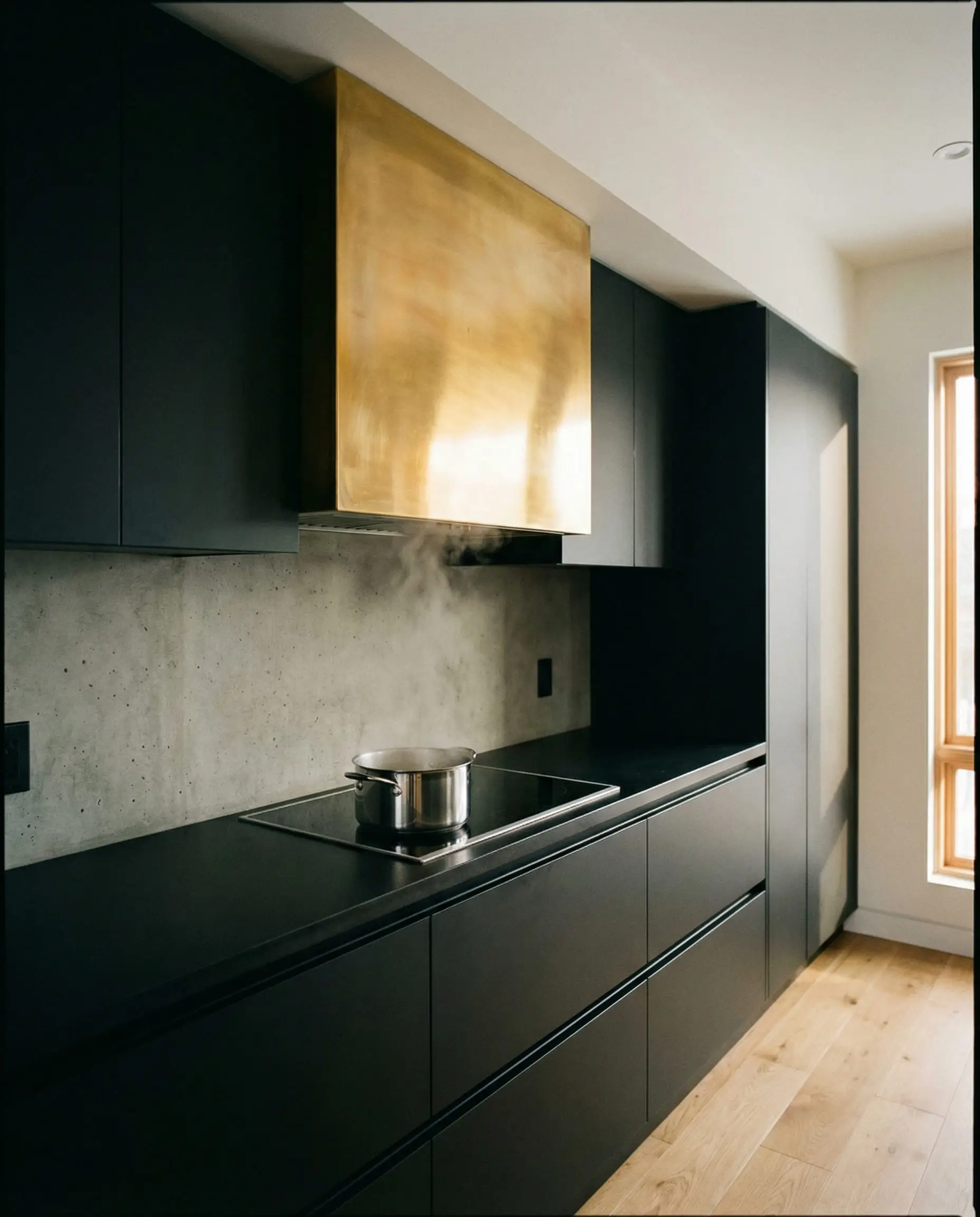 Modern rectangular range hood clad in sheer antique brass sheet between black cabinets.