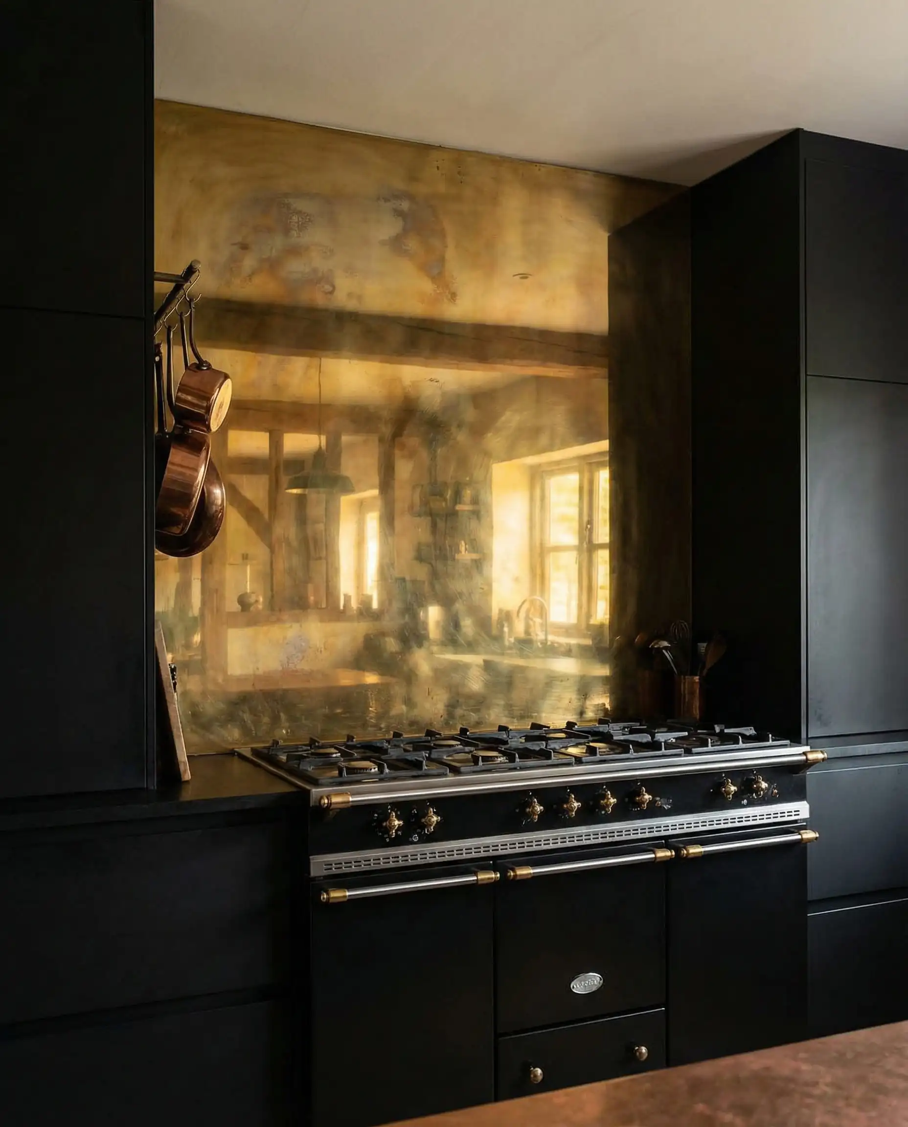 Antique brass sheet backsplash behind a stove, reflecting a warm golden glow in a black kitchen.