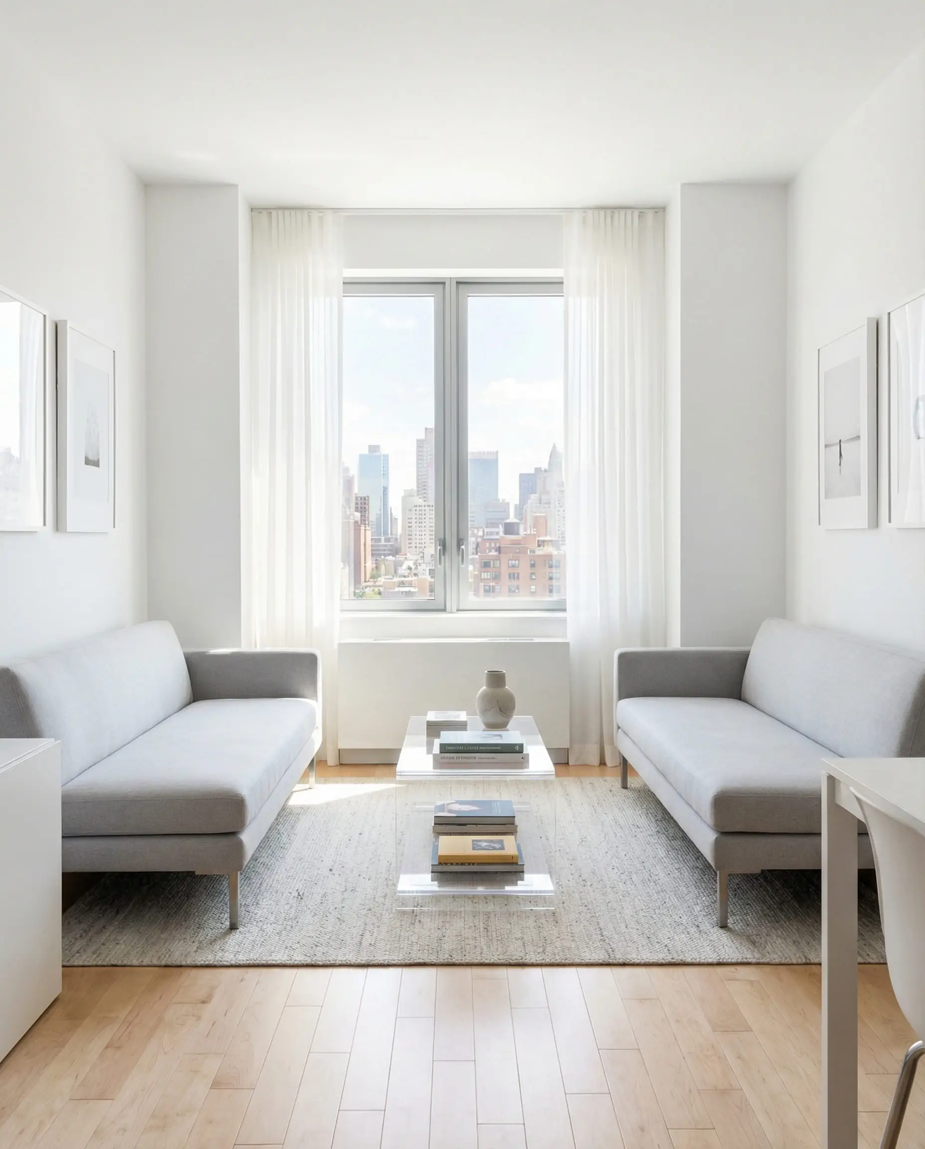 A bright studio apartment showing two sleek, armless settees facing each other to maximize seating in a small footprint.