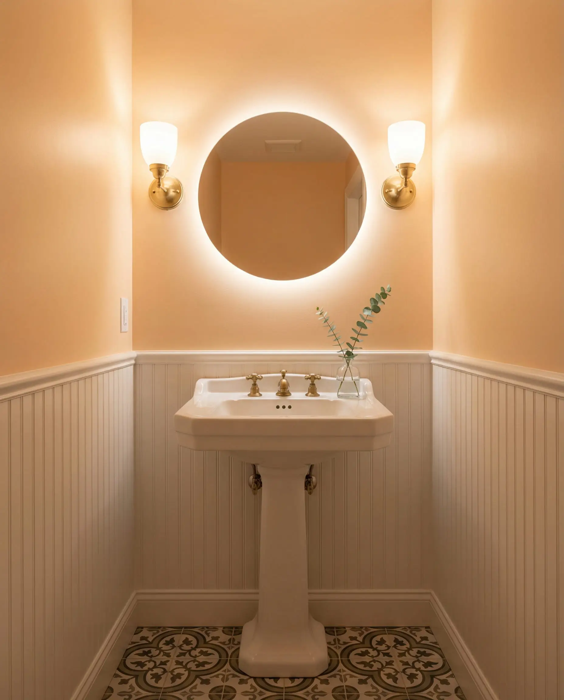 Elegant powder room with soft apricot painted upper walls, white beadboard wainscoting, and a round gold mirror.