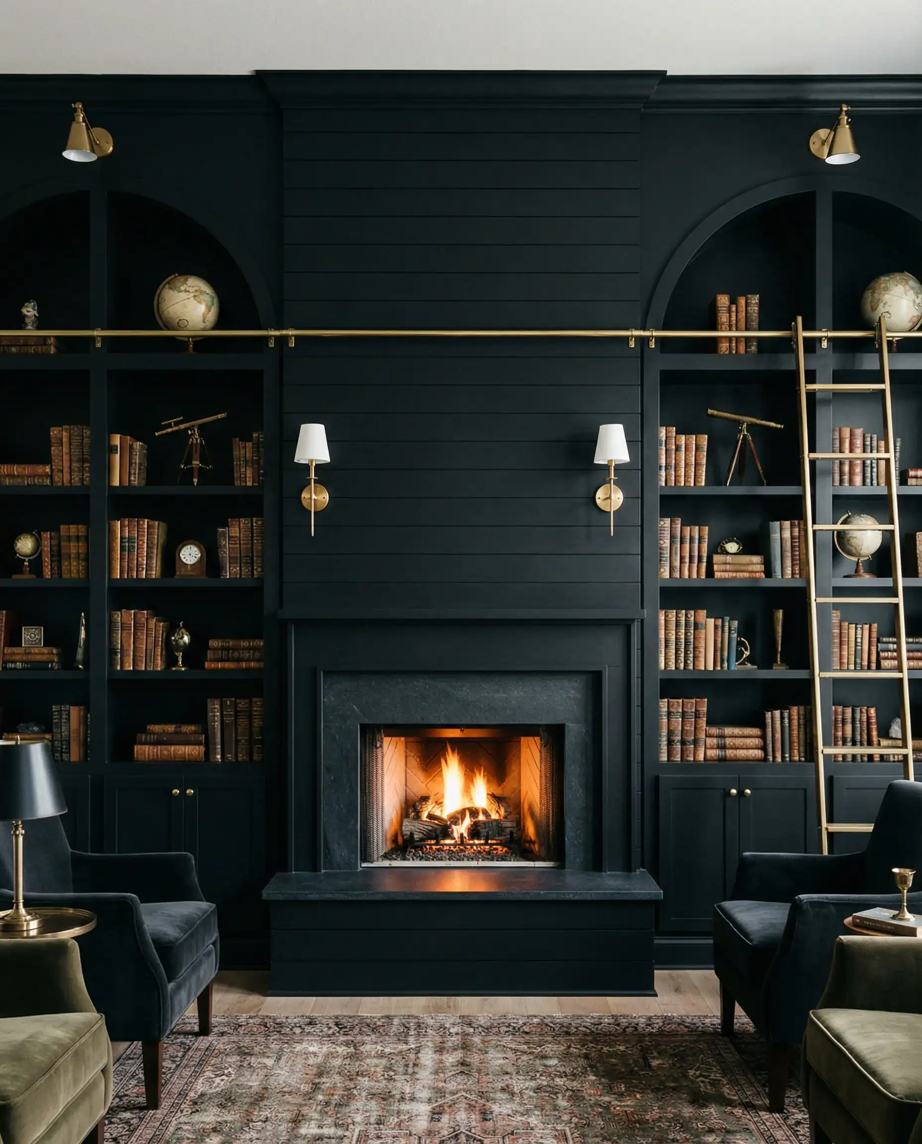 Black shiplap fireplace flanked by matching black built-in bookshelves with arched tops.
