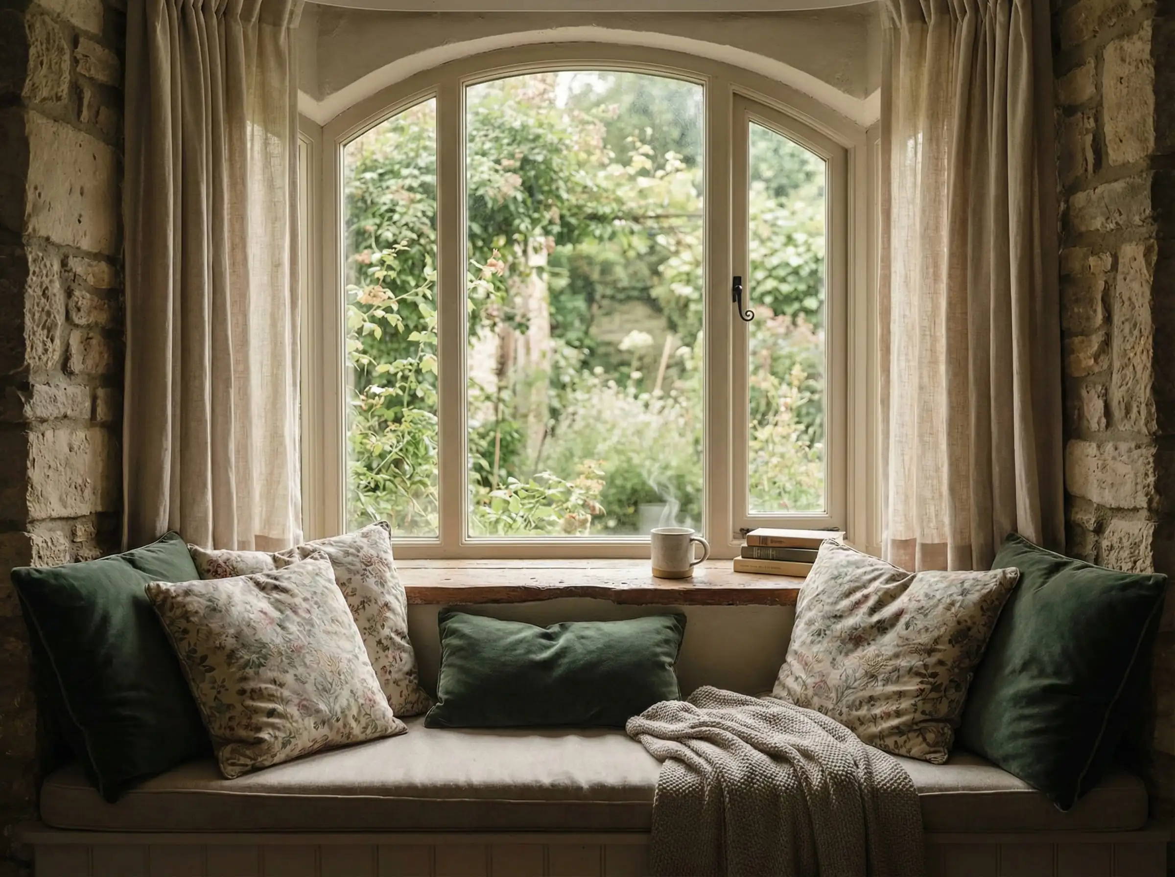 Cozy arched window seat nook piled high with floral cushions overlooking a green garden.