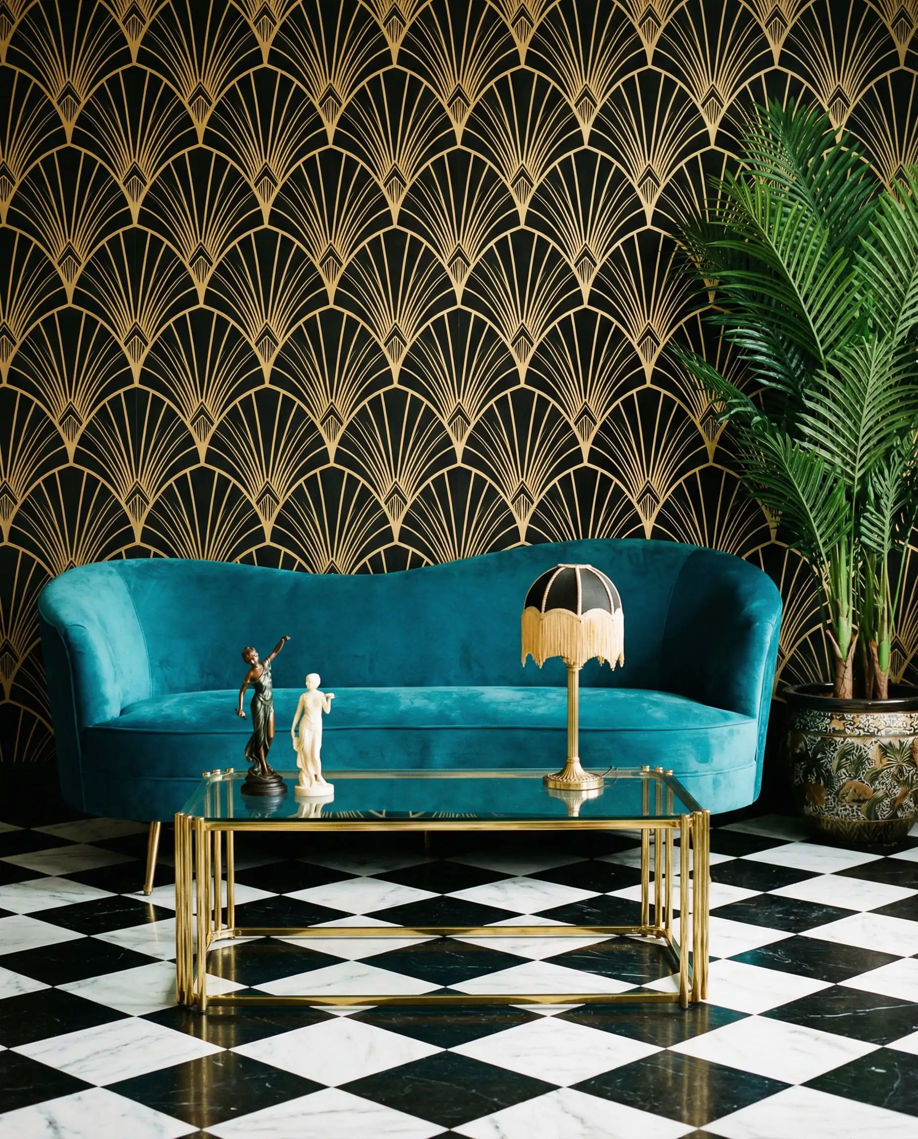 Roaring 20s inspired living room with black and gold geometric wallpaper and a teal velvet sofa.