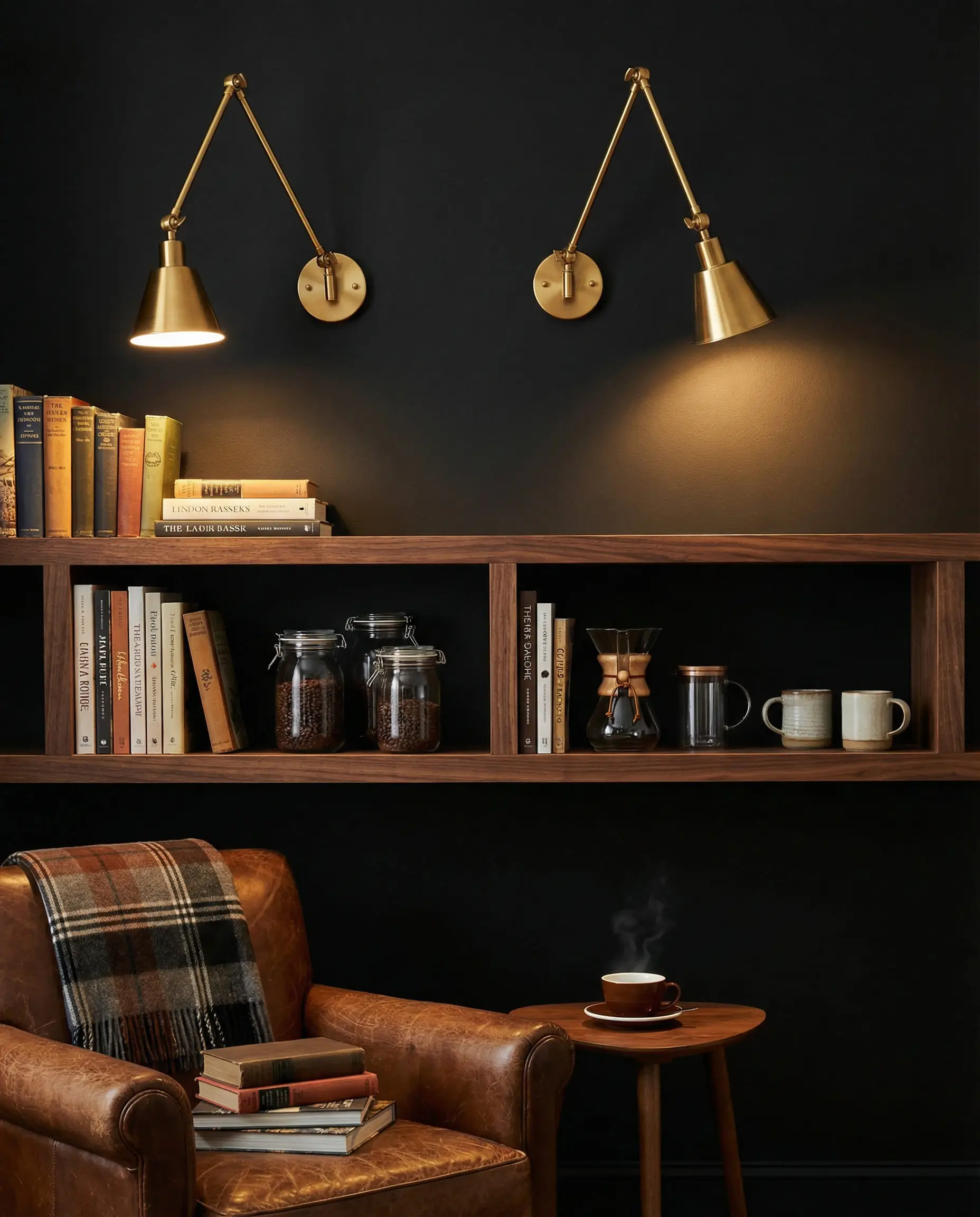 Articulating gold wall sconces mounted above open kitchen shelves holding cookbooks.