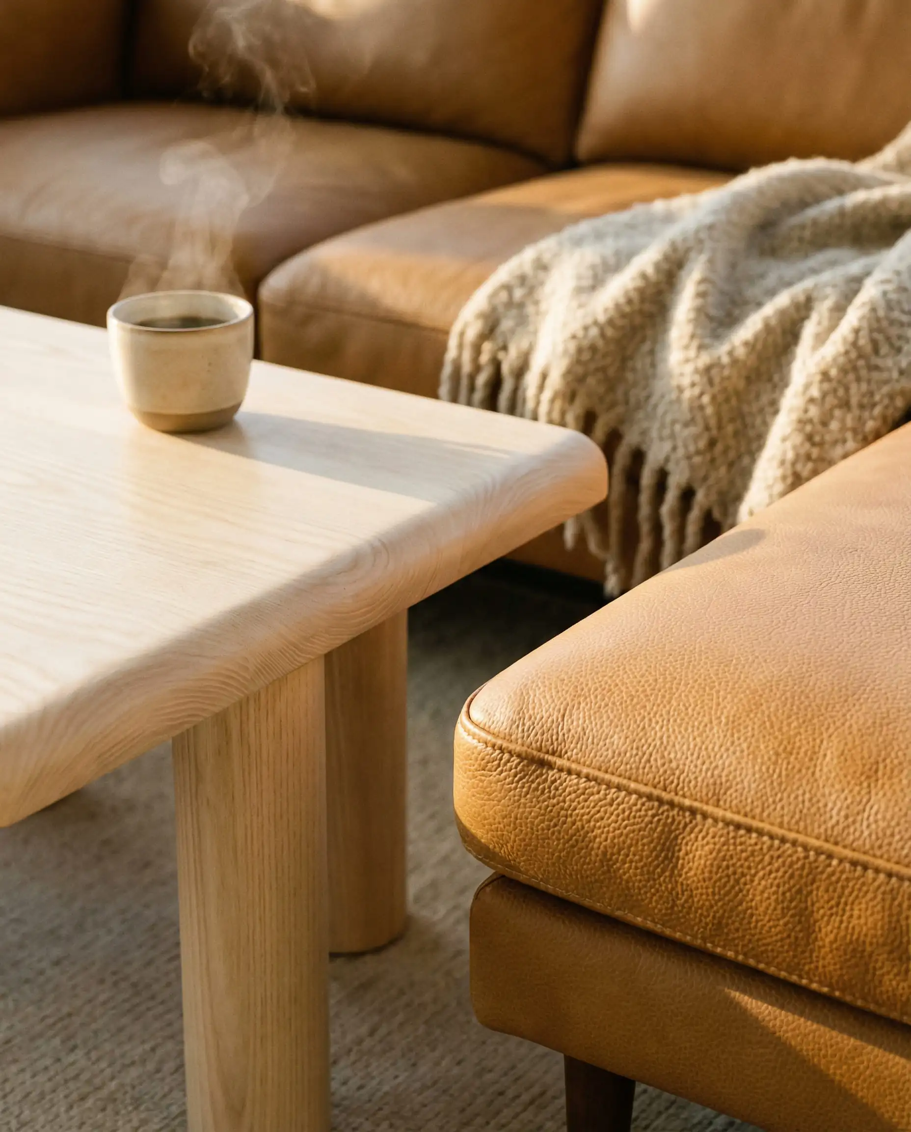 Close up detail of a light ash wood coffee table with soft rounded edges next to a tan leather sofa with a knit throw.