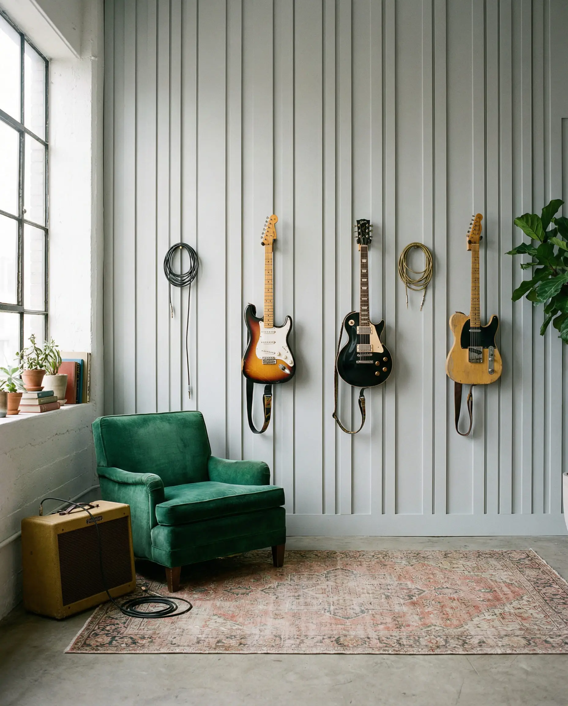 Creative music room featuring asymmetrical "barcode" style vertical board and batten wall in grey with hanging guitars.
